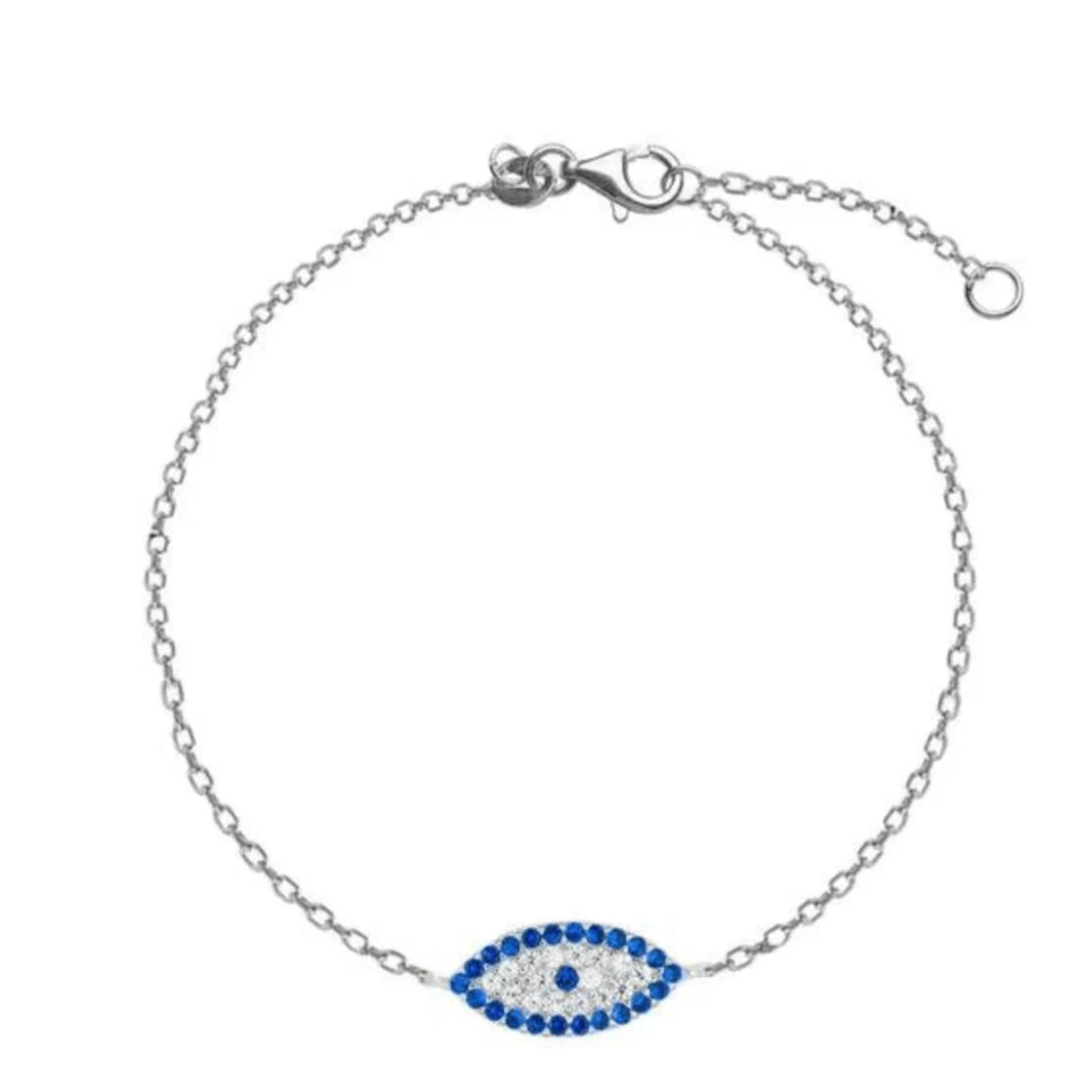 Silver Blue Sapphire Marquise-Shaped Centerpiece Adjustable Evil Eye Charm White Gold Bracelet For Woman