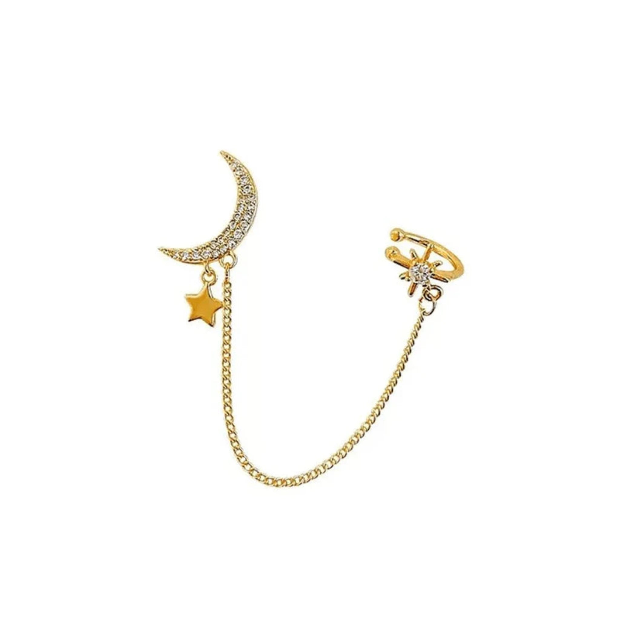 Silver Pave Crystal Celestial Crescent Moon Chain Yellow Gold Cuff Earring For Woman