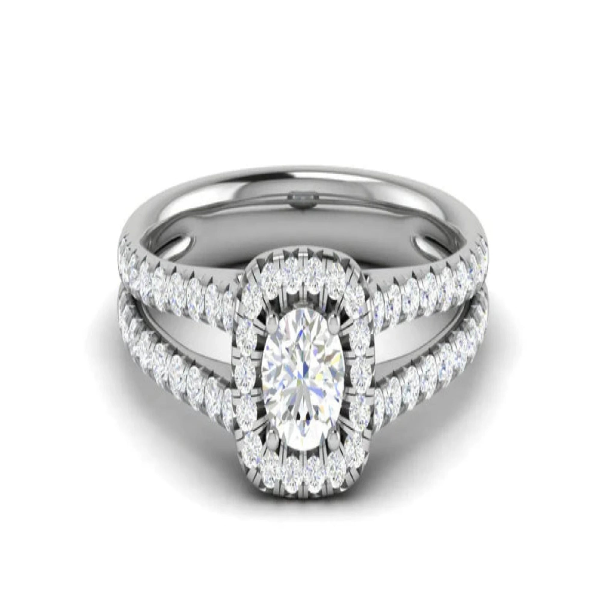 White Gold Adjustable Silver Split-Shank Cushion Halo Pave Bridal Ring For Woman