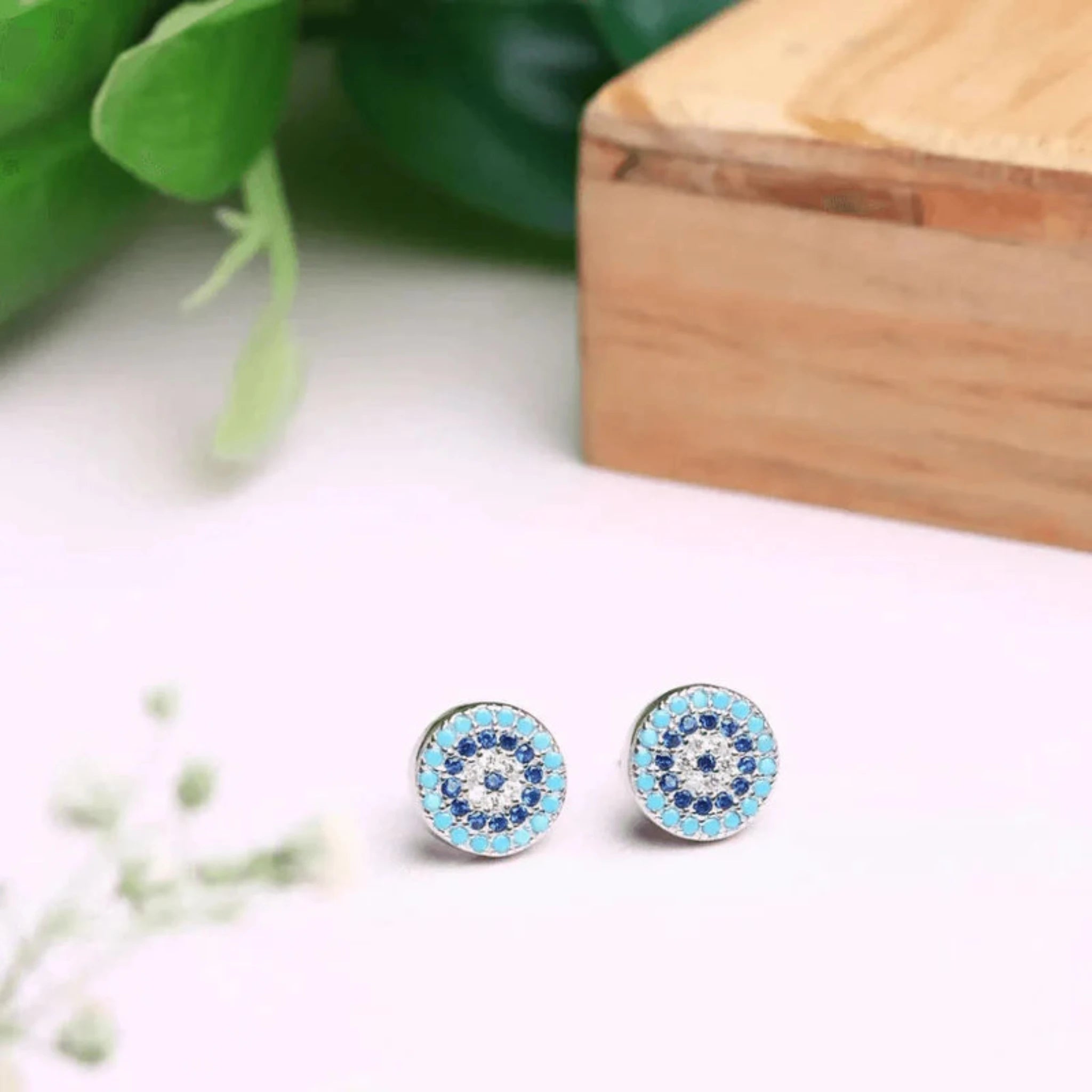 Silver Blue Round Studs Aquatic Sapphire White Gold Earring For Woman