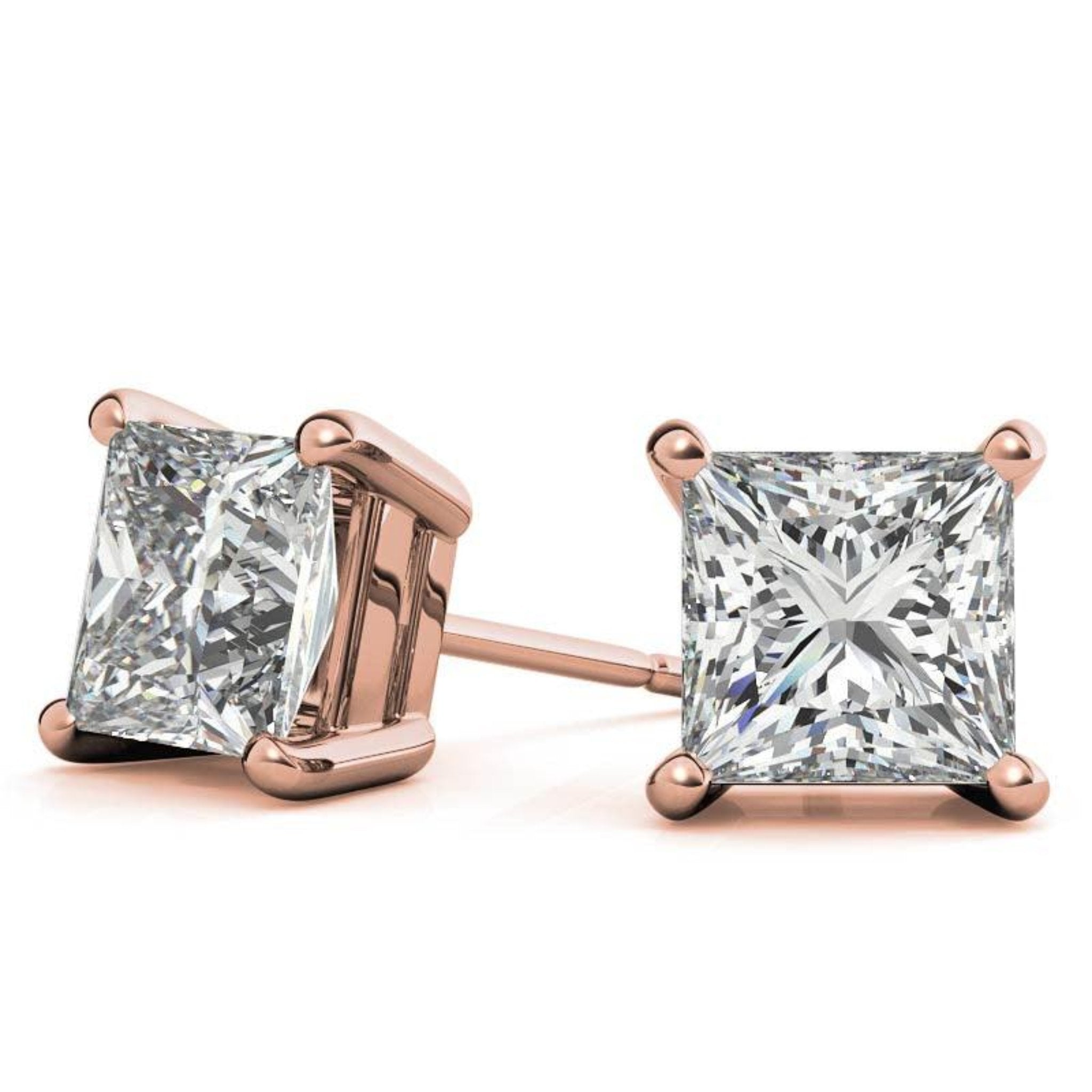 Square Princess-Cut Rose Gold Silver Luxury Solitaire Diamond Stud Earrings For Woman