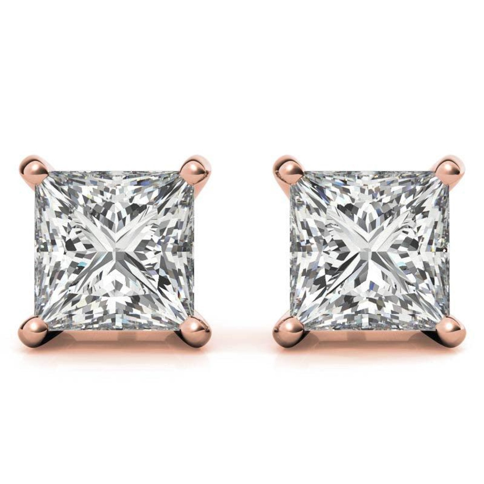 Square Princess-Cut Rose Gold Silver Luxury Solitaire Diamond Stud Earrings For Woman