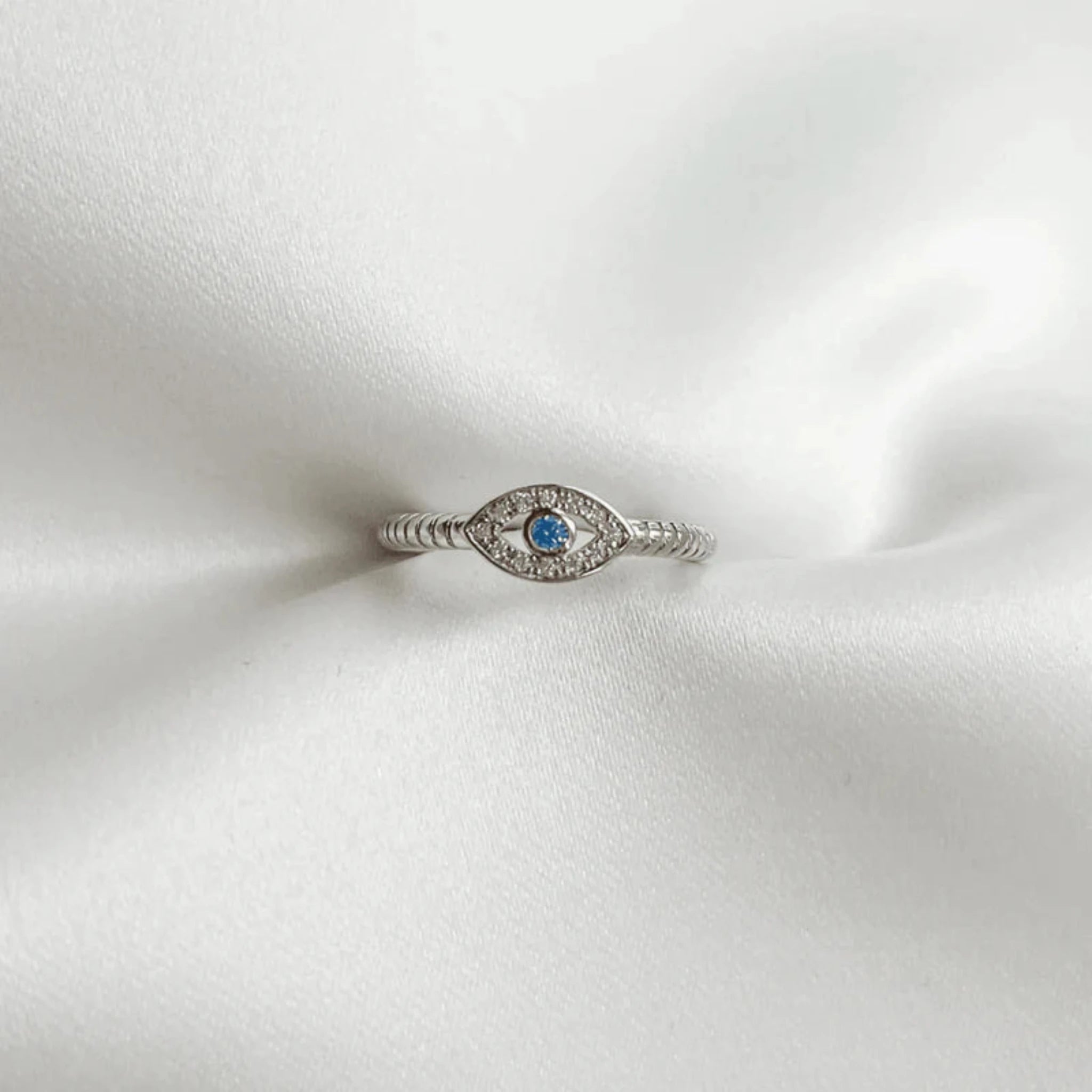 Silver Small Blue Sapphire Center Stone Adjustable Textured Ridged Band Evil Eye White Gold Ring For Woman