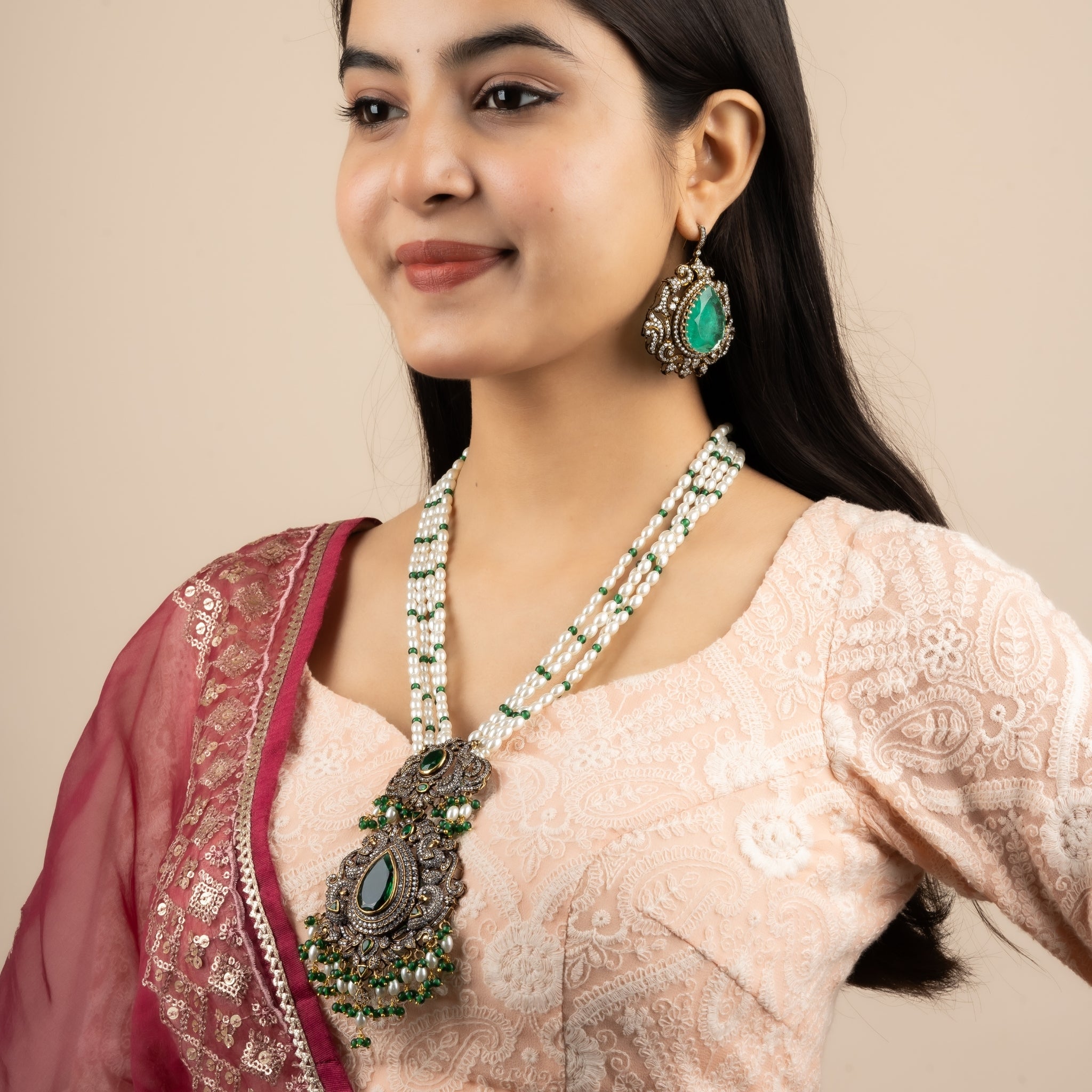 Emerald Necklace Set with Jhumka Earrings