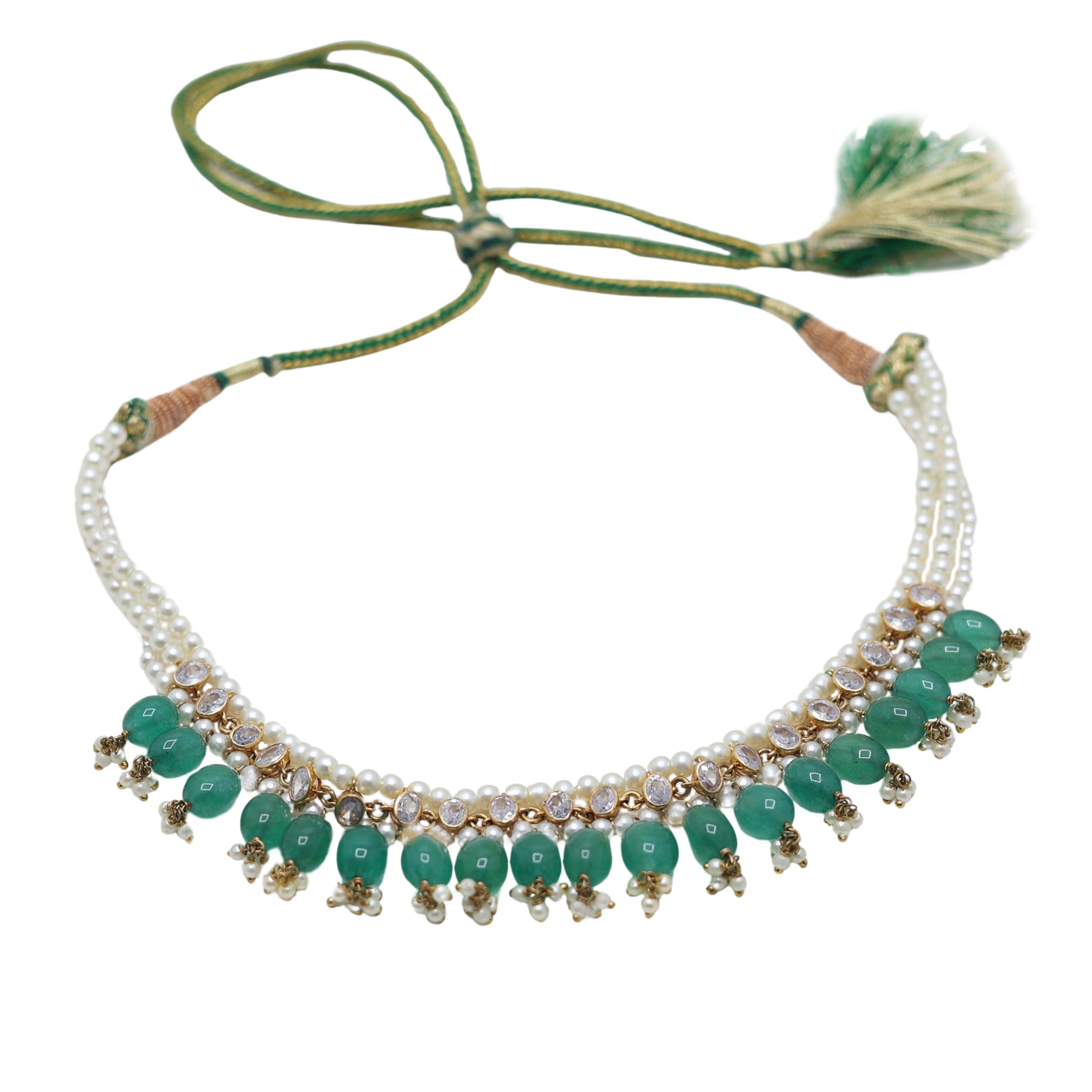 Yellow Gold Plated Emerald and Pearl Necklace