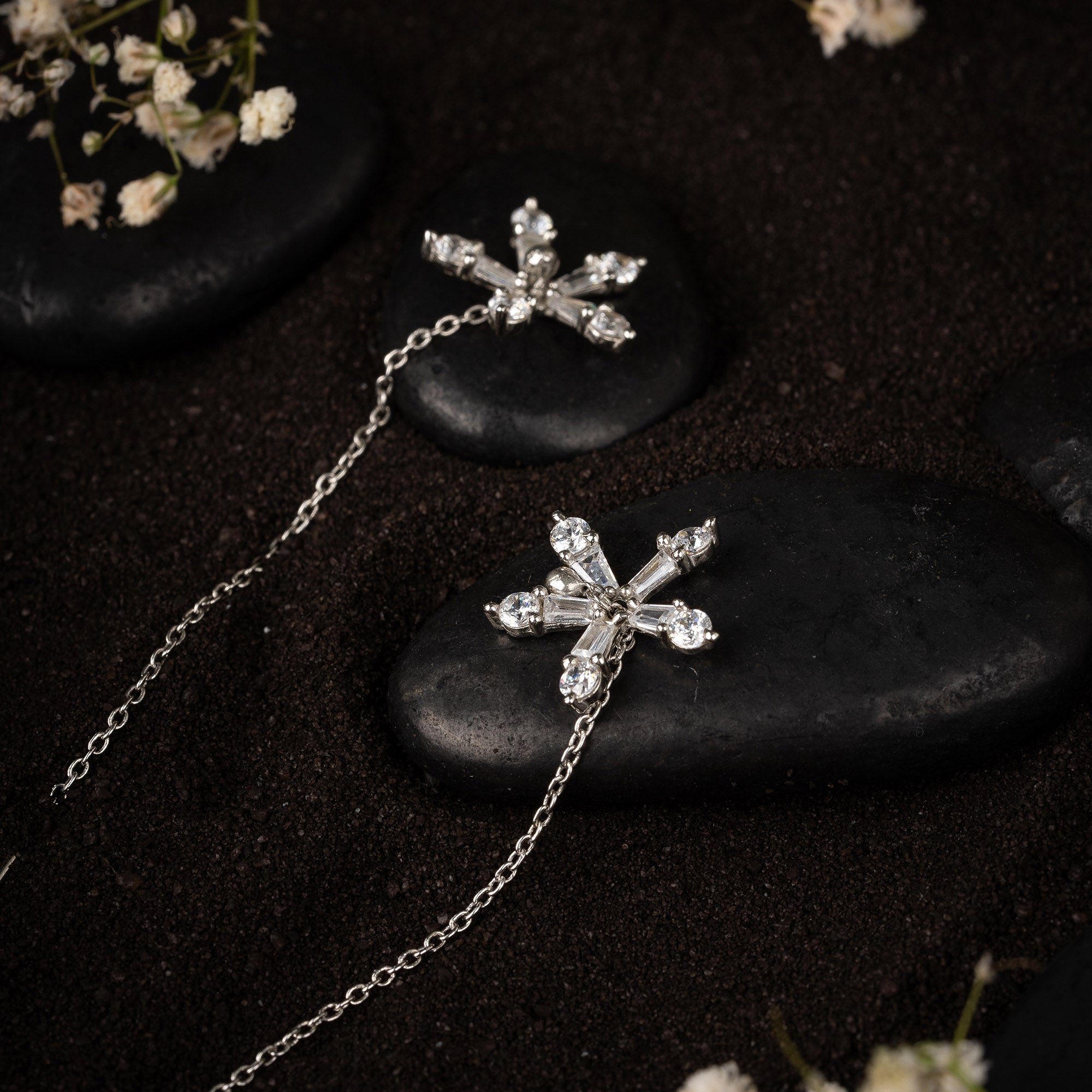Silver Flower Threader Earrings