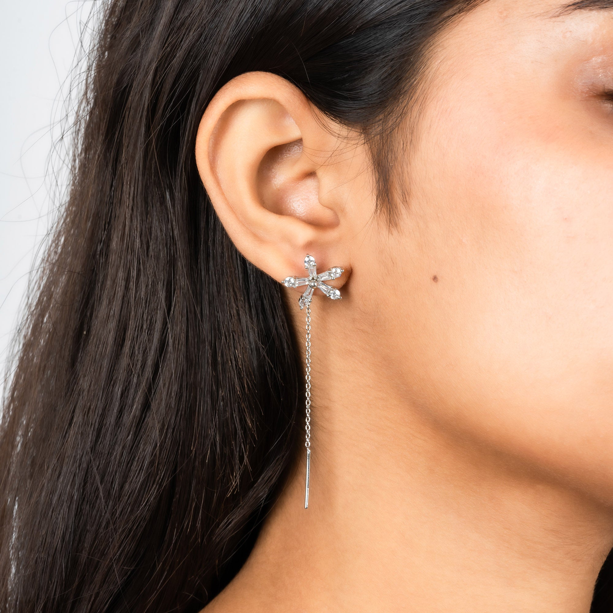 Silver Flower Threader Earrings