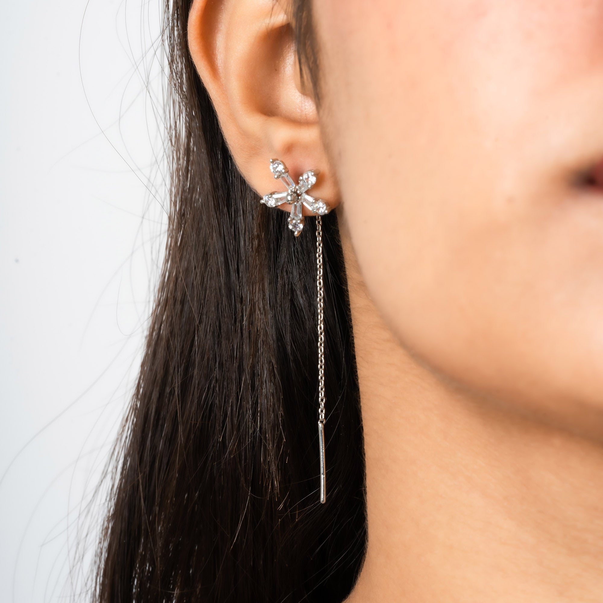 Silver Flower Threader Earrings