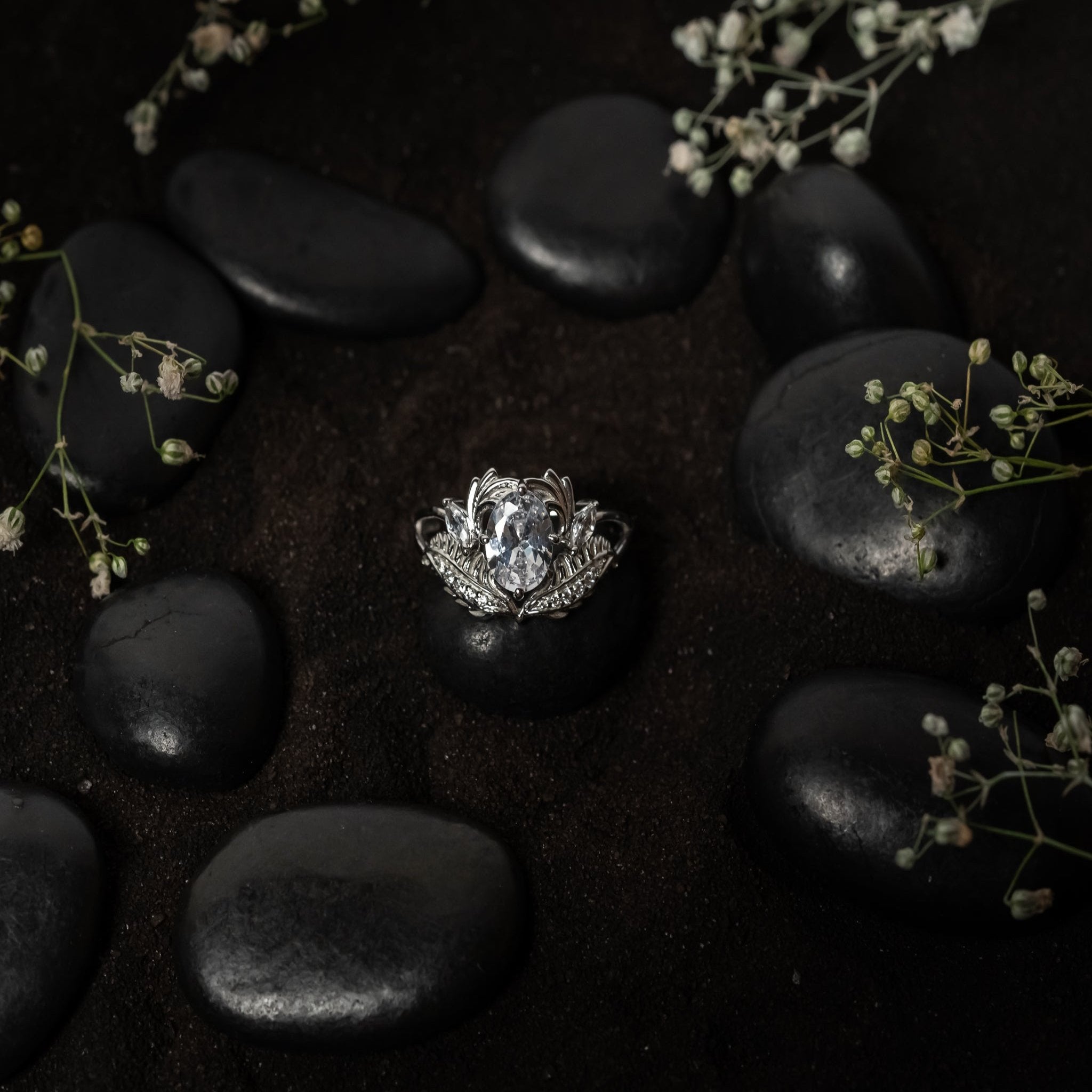 Sterling Silver leafy stone Adjustable ring