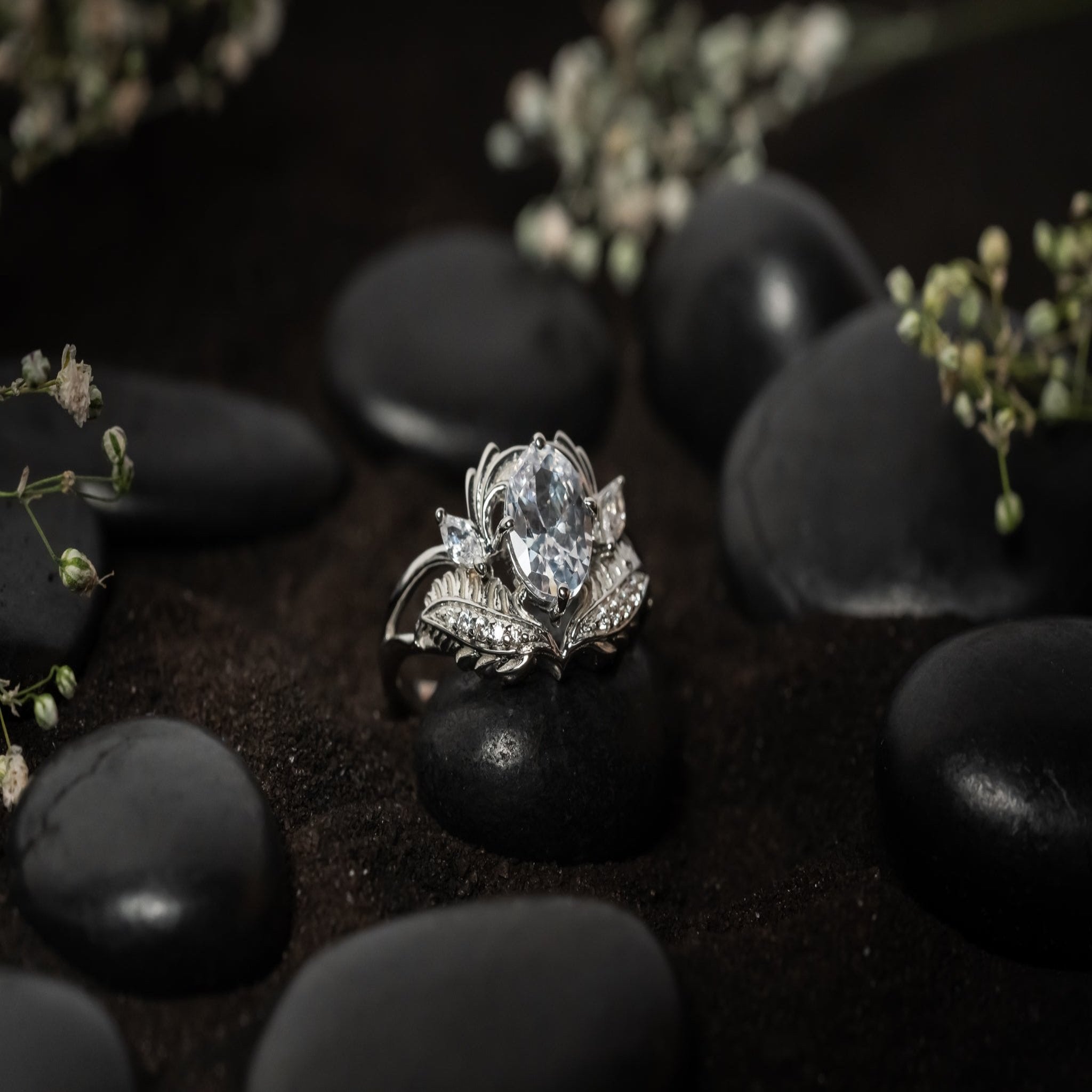 Sterling Silver leafy stone Adjustable ring