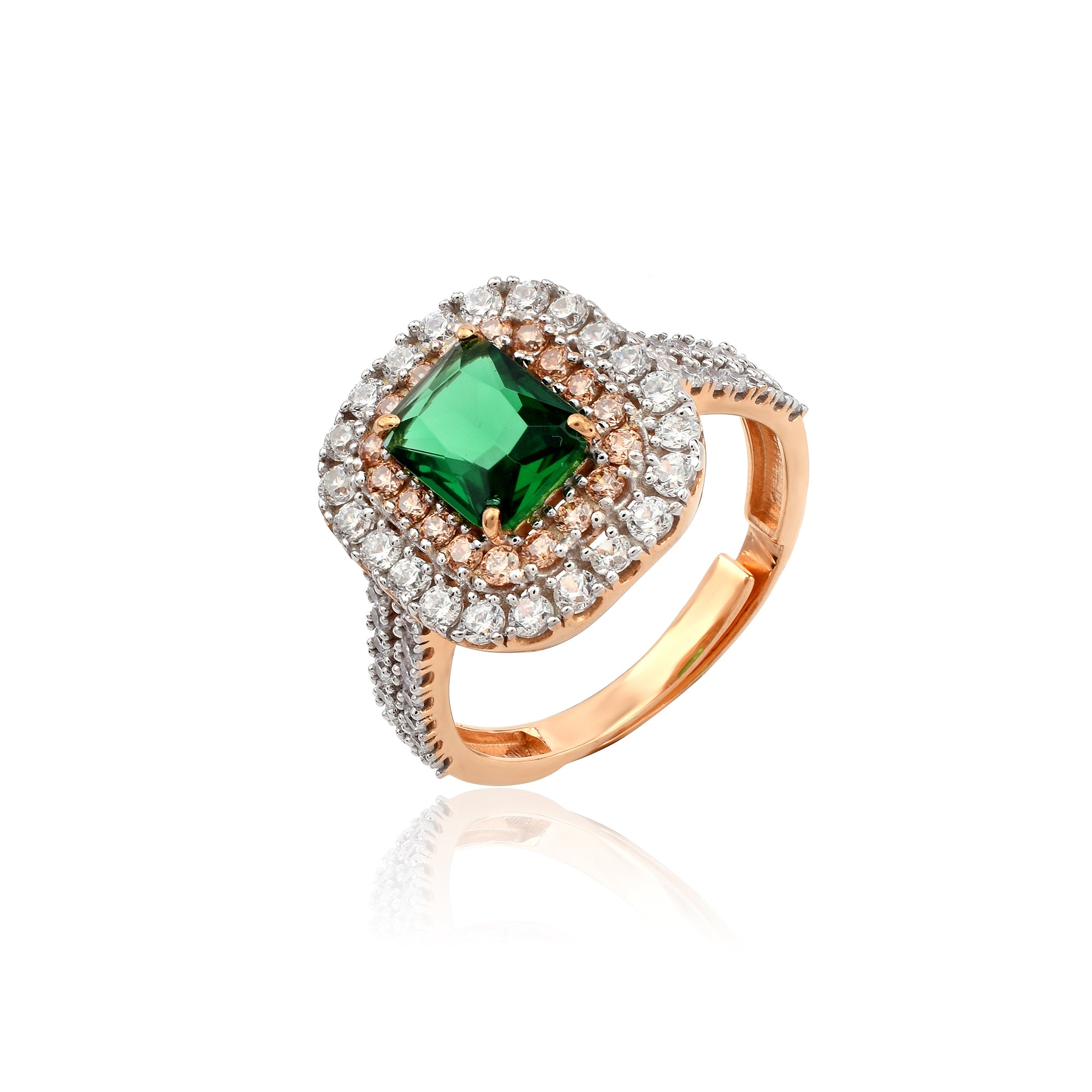 Rose Gold Plated Emerald Double Halo Ring