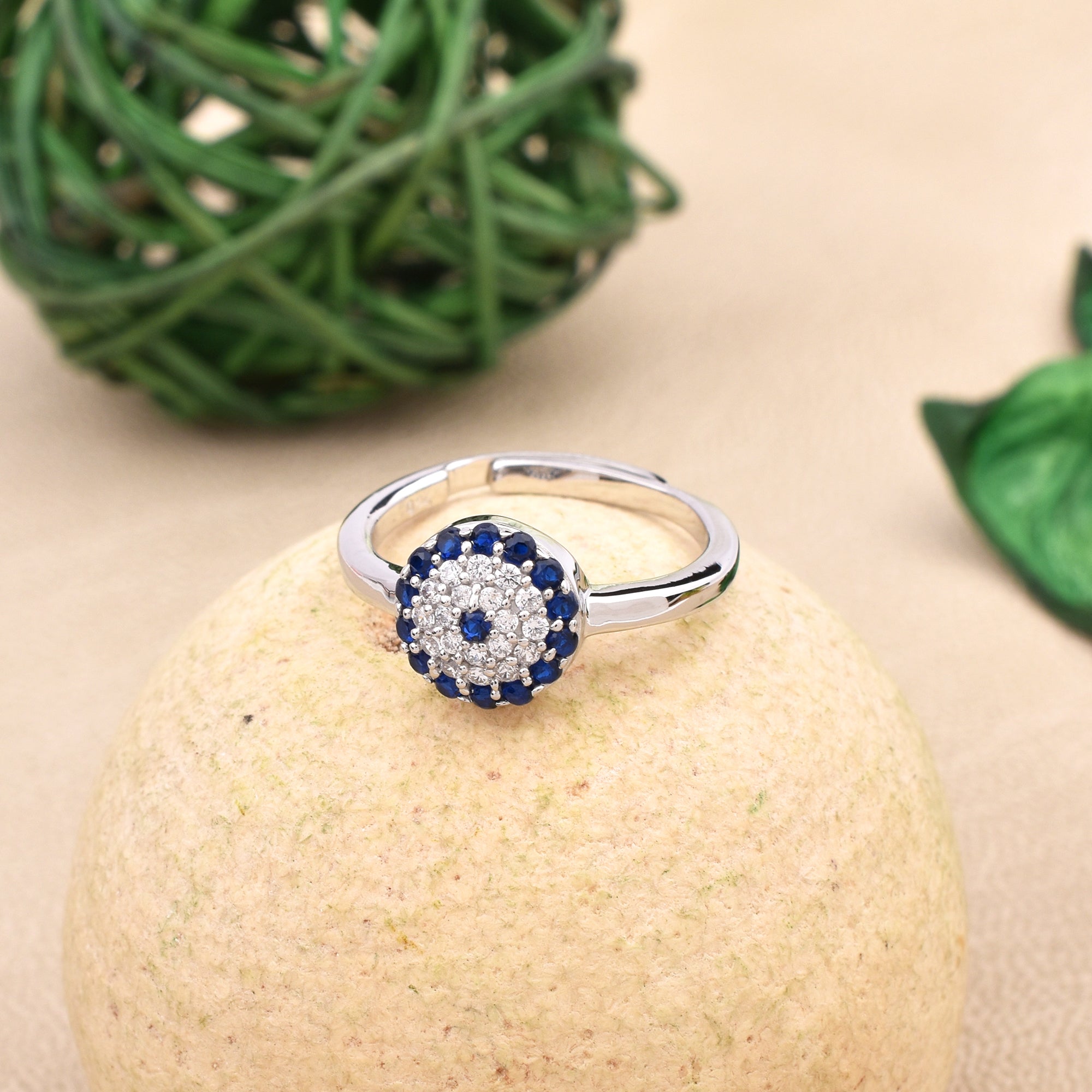 Silver Blue Sapphire Accent Adjustable Evil Eye Micro Pave Circular White Gold Ring For Woman