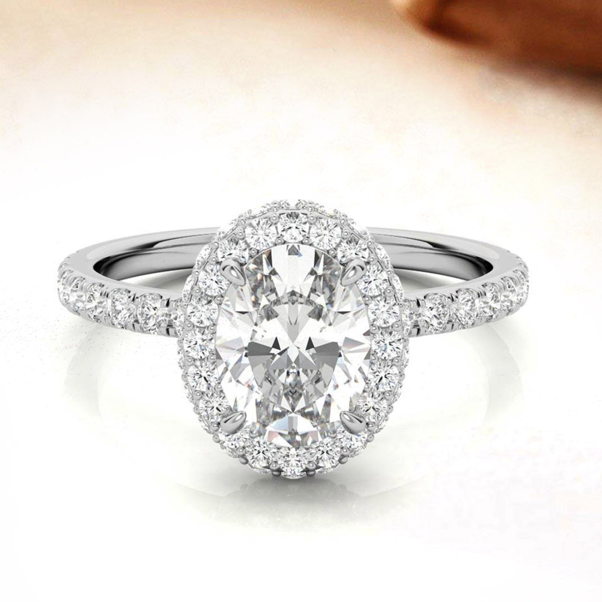 Elegant Halo 925 Sterling Silver Adjustable Oval-Cut Pave White Gold Engagement Ring For Women