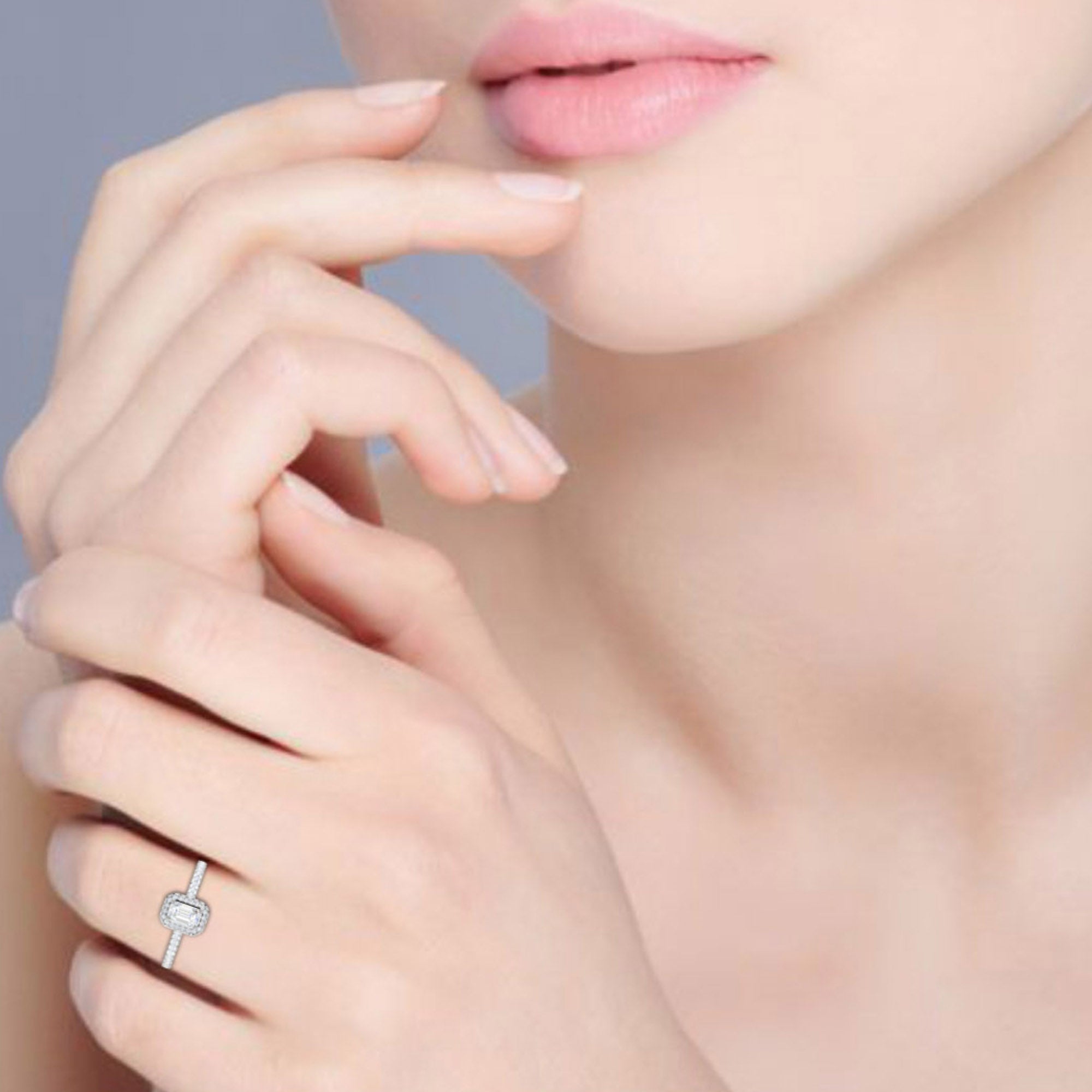 Emerald Cut Halo Adjustable Silver Ring