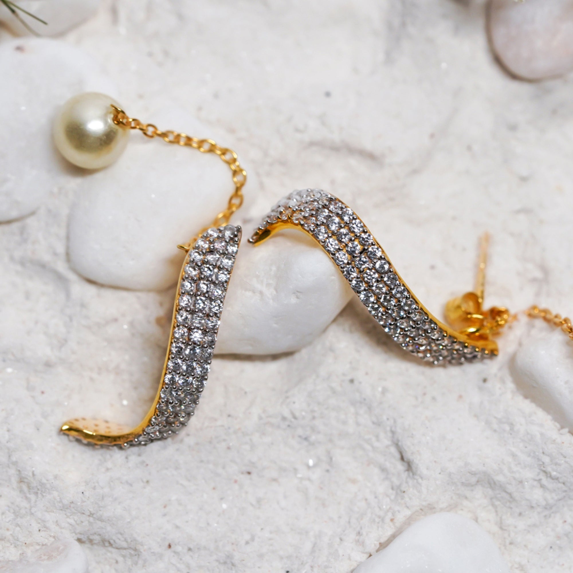 Curved Diamond Pearl Drop Earrings
