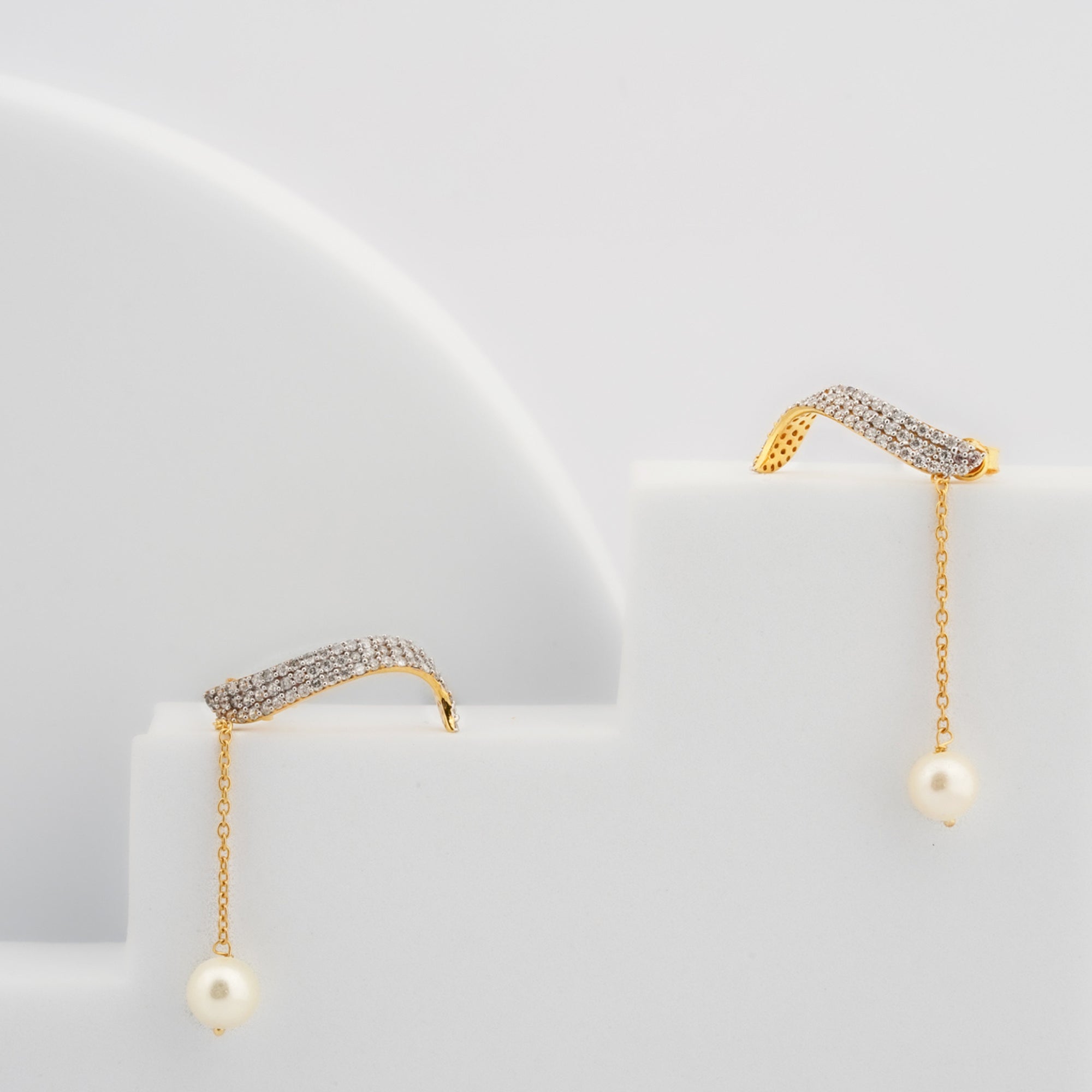Curved Diamond Pearl Drop Earrings