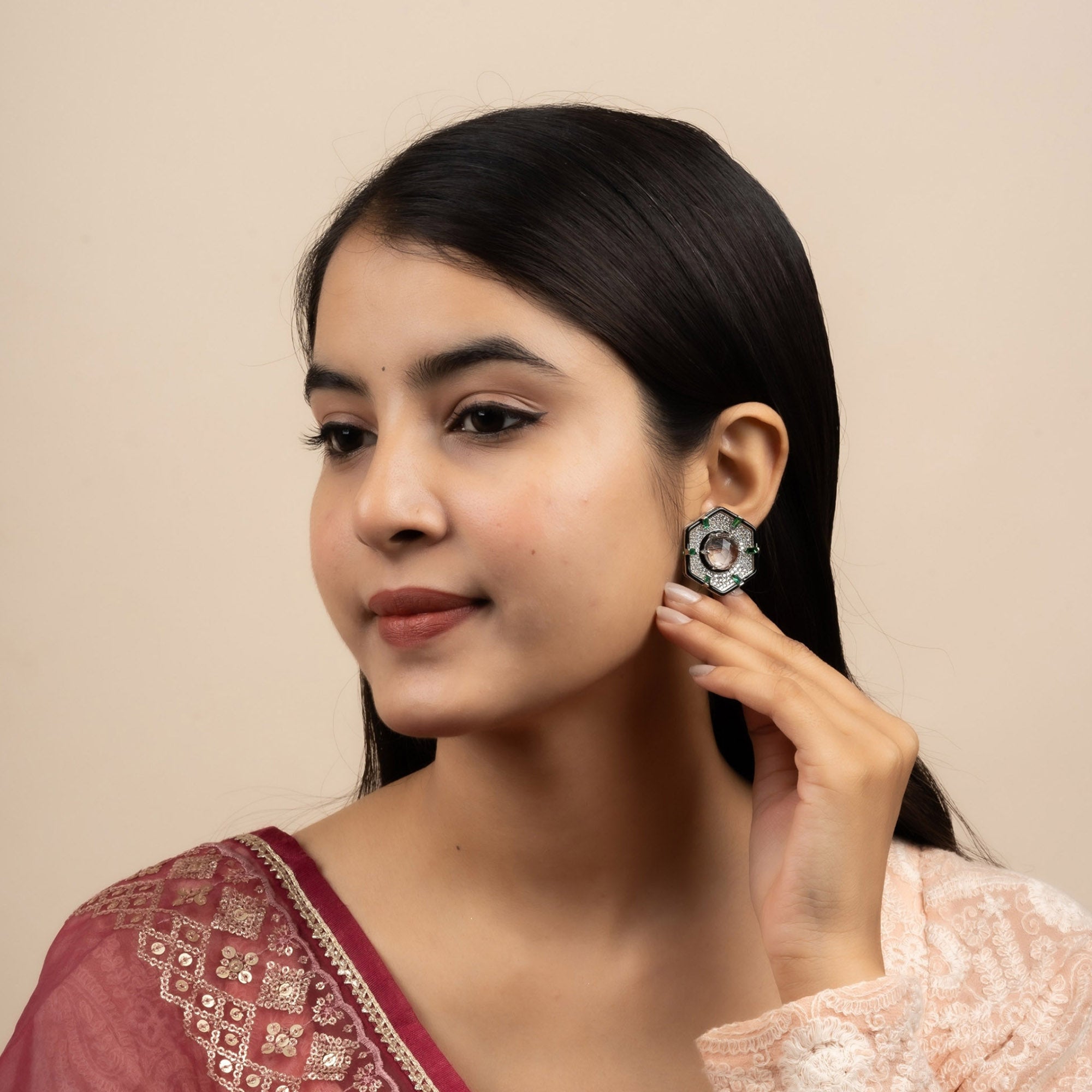 White Topaz Hexagon Stud Earring