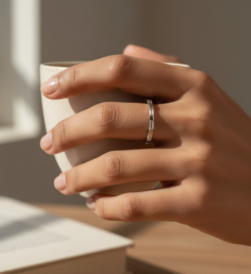 Baguette Cut Open Shank Silver Band