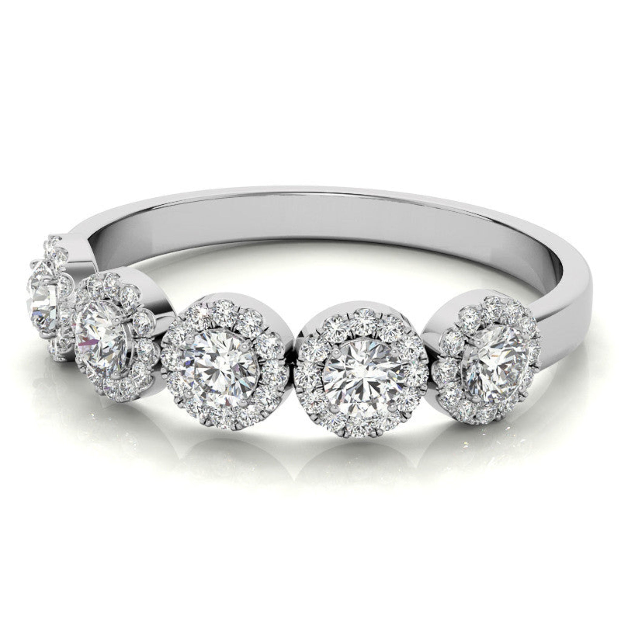 Adjustable Sterling Silver Luxury White Gold Five-Center Floral Halo Diamond Band For Women