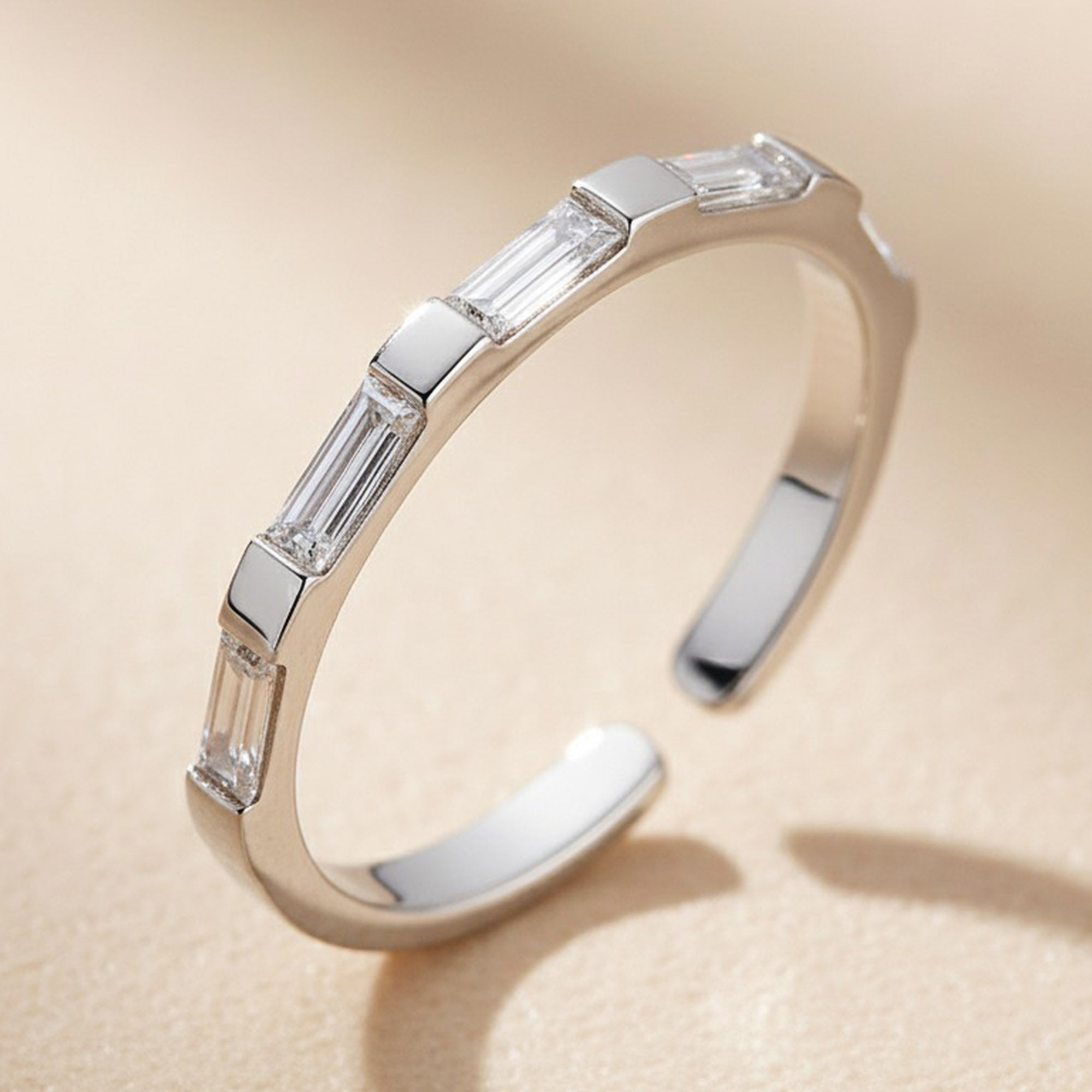 Baguette Cut Open Shank Silver Band