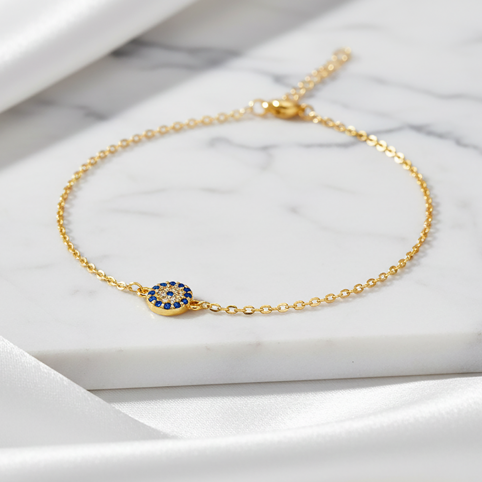 Silver Round Charm Blue Stone Adjustable Mystical Evil Eye Yellow Gold Bracelet For Woman