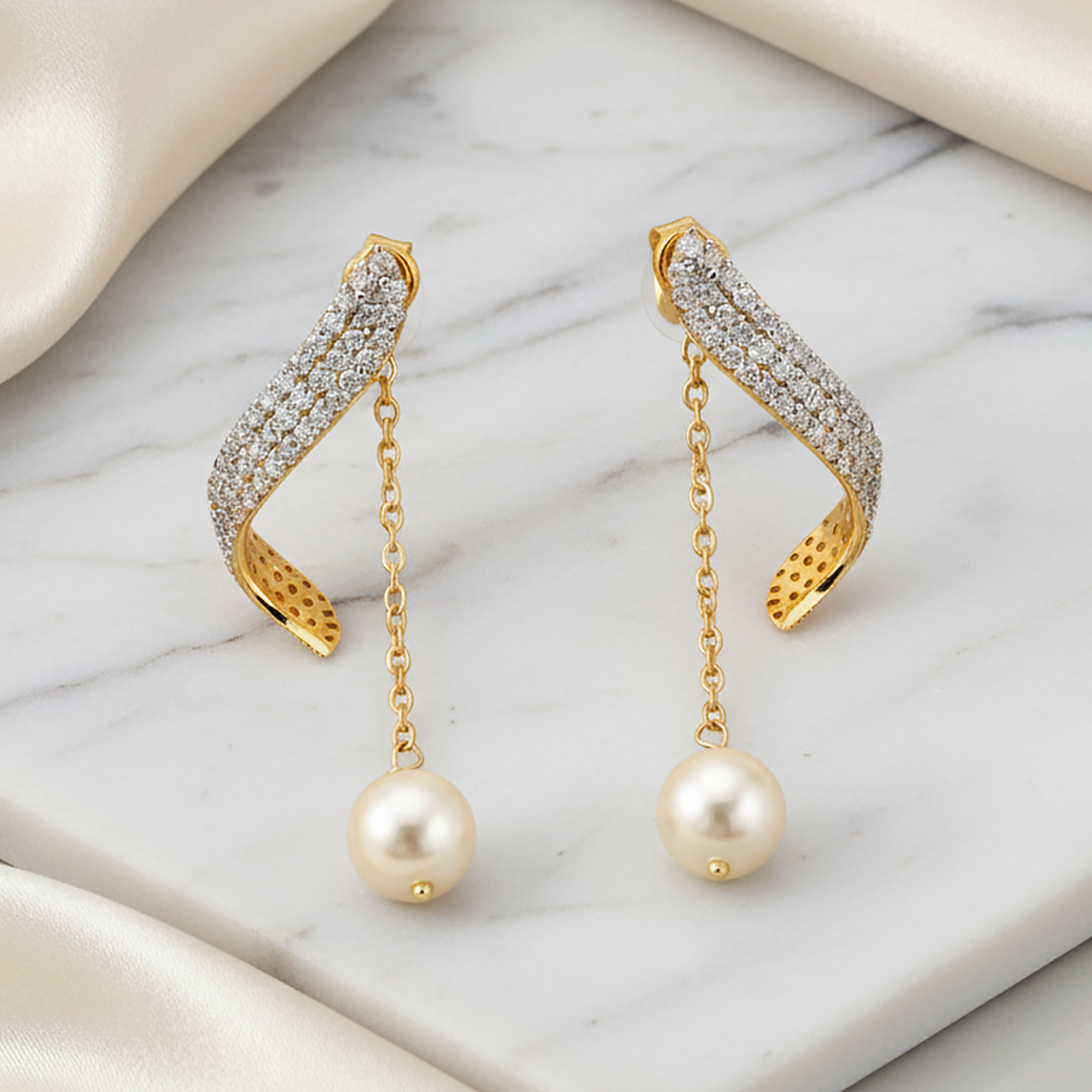 Curved Diamond Pearl Drop Earrings