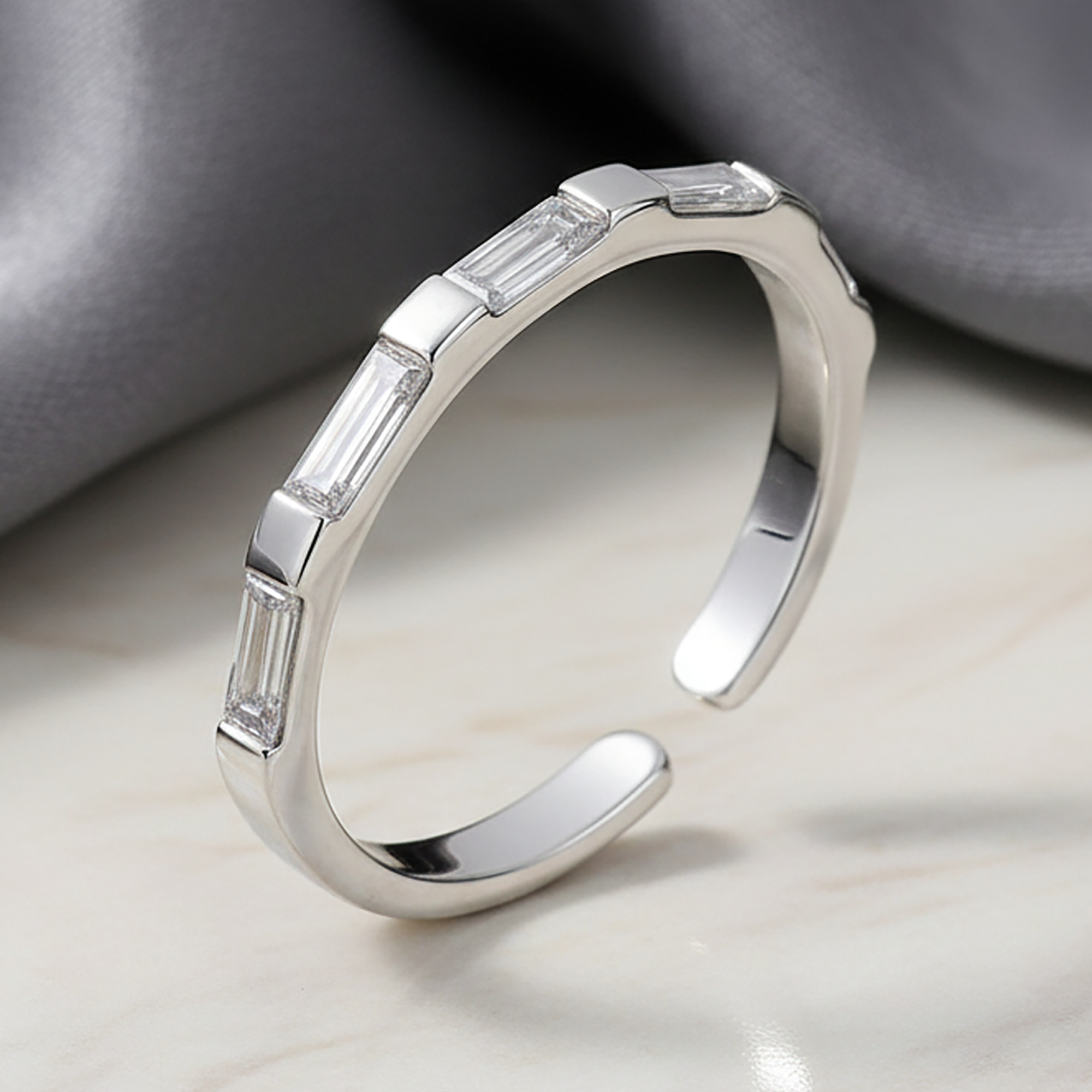 Baguette Cut Open Shank Silver Band