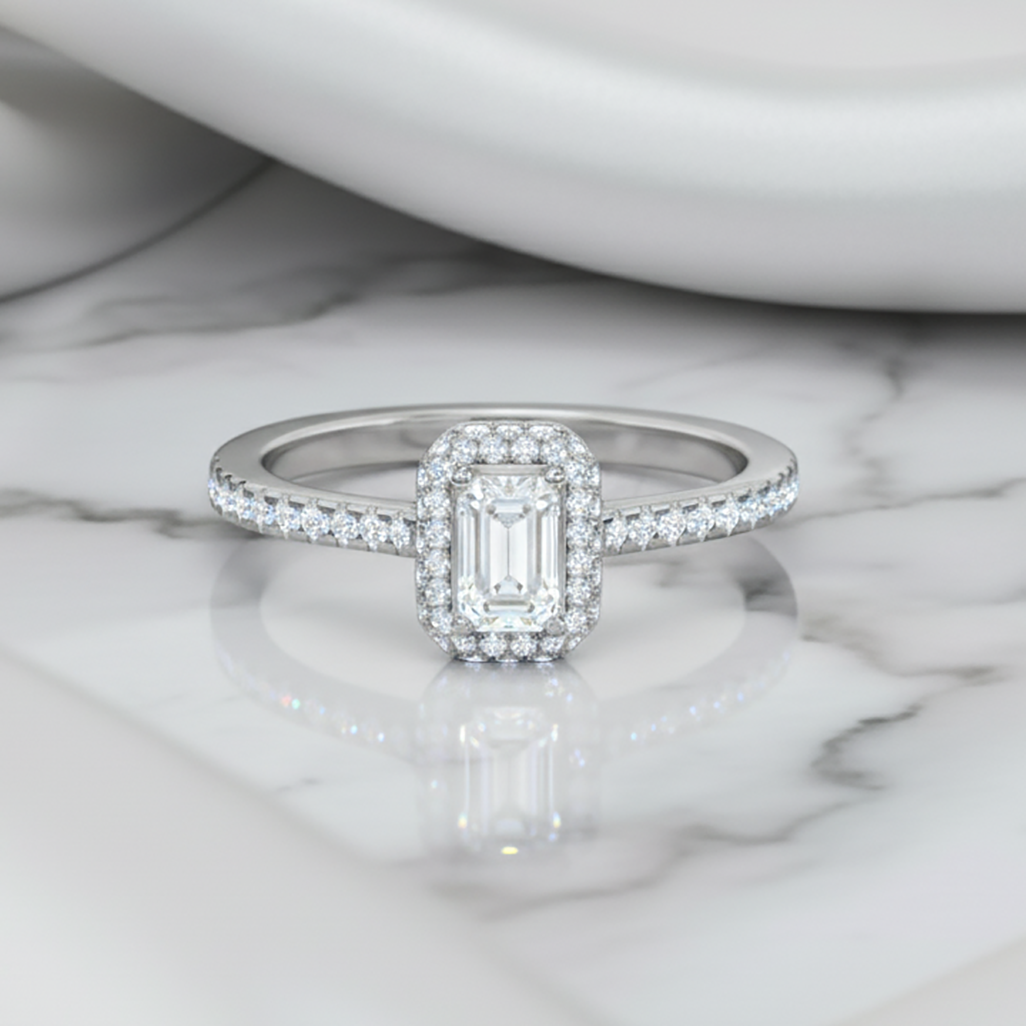Emerald Cut Halo Adjustable Silver Ring