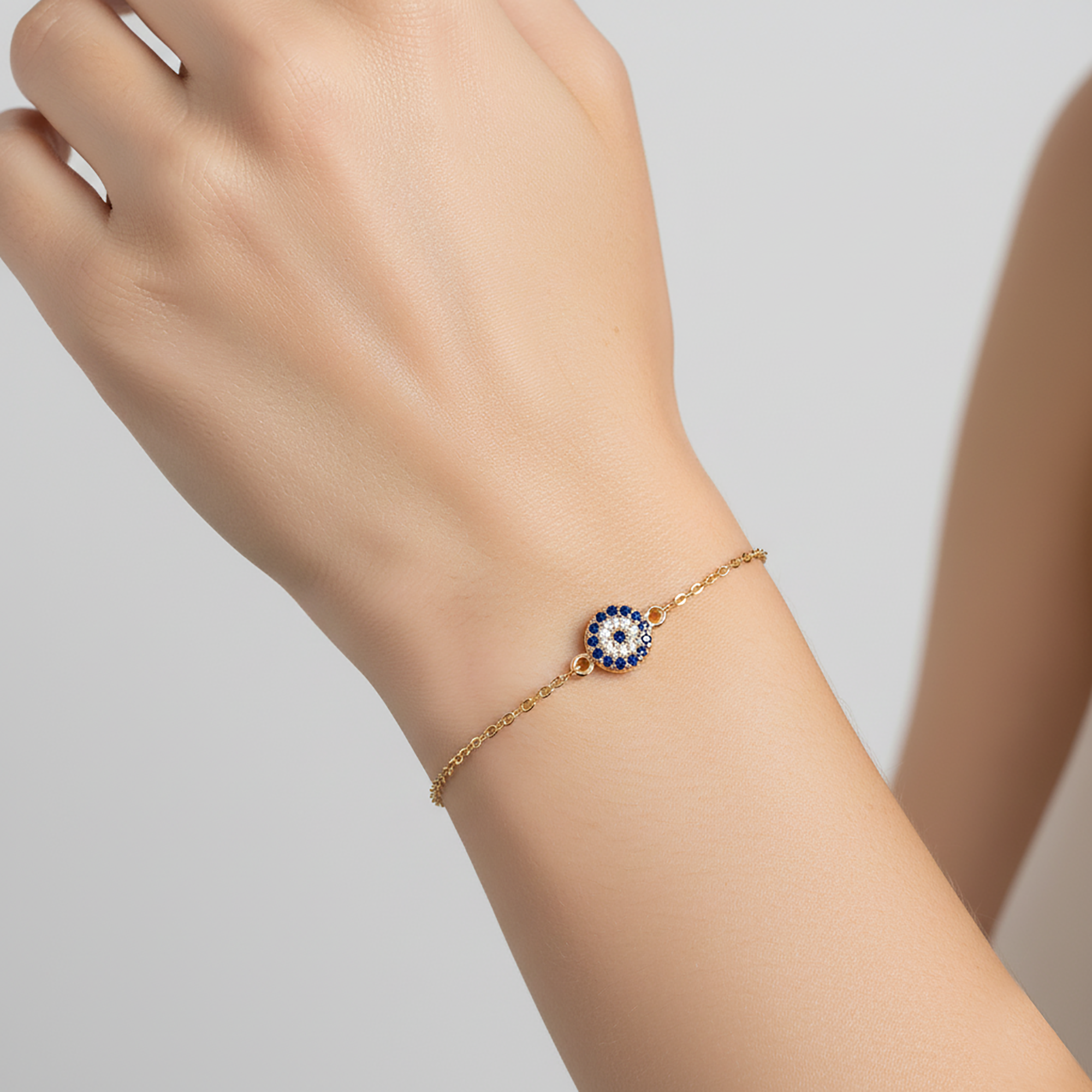 Silver Round Charm Blue Stone Adjustable Mystical Evil Eye Yellow Gold Bracelet For Woman