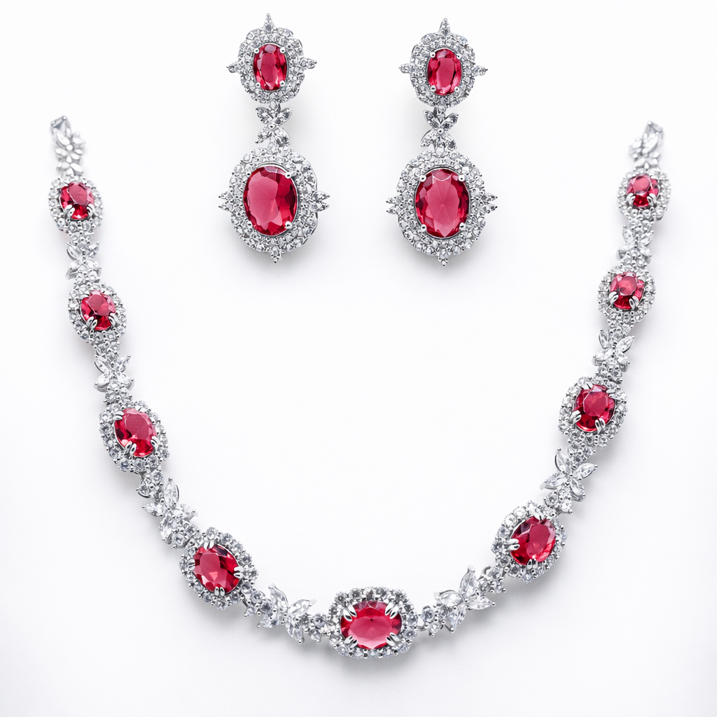 White Gold Plated Ruby Necklace Set