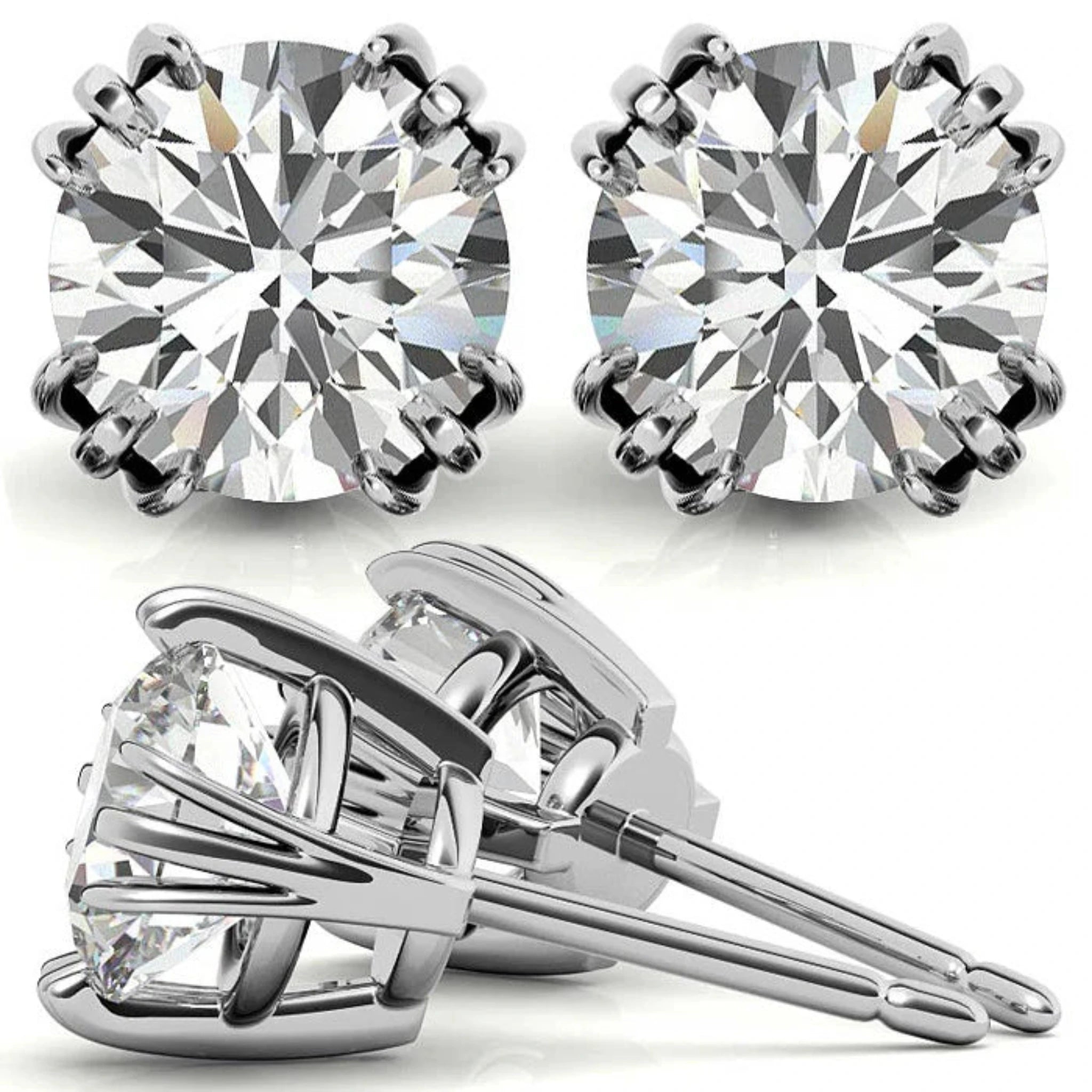 Lustrous Round Solitaire White Gold Silver Triple 4-Prong-Set Stud Earrings for Women