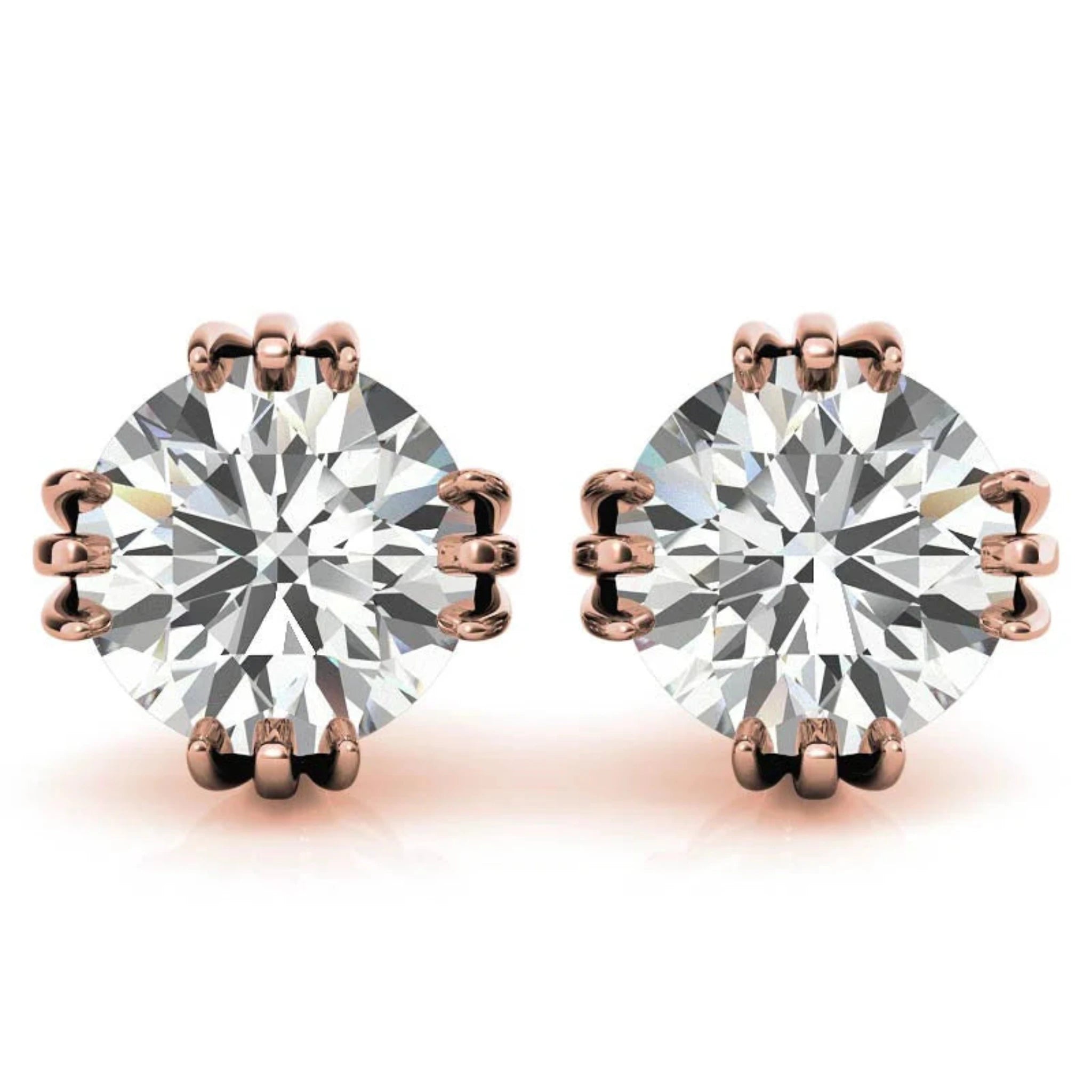 Lustrous Round Solitaire Rose Gold Silver Triple 4-Prong-Set Stud Earrings for Women