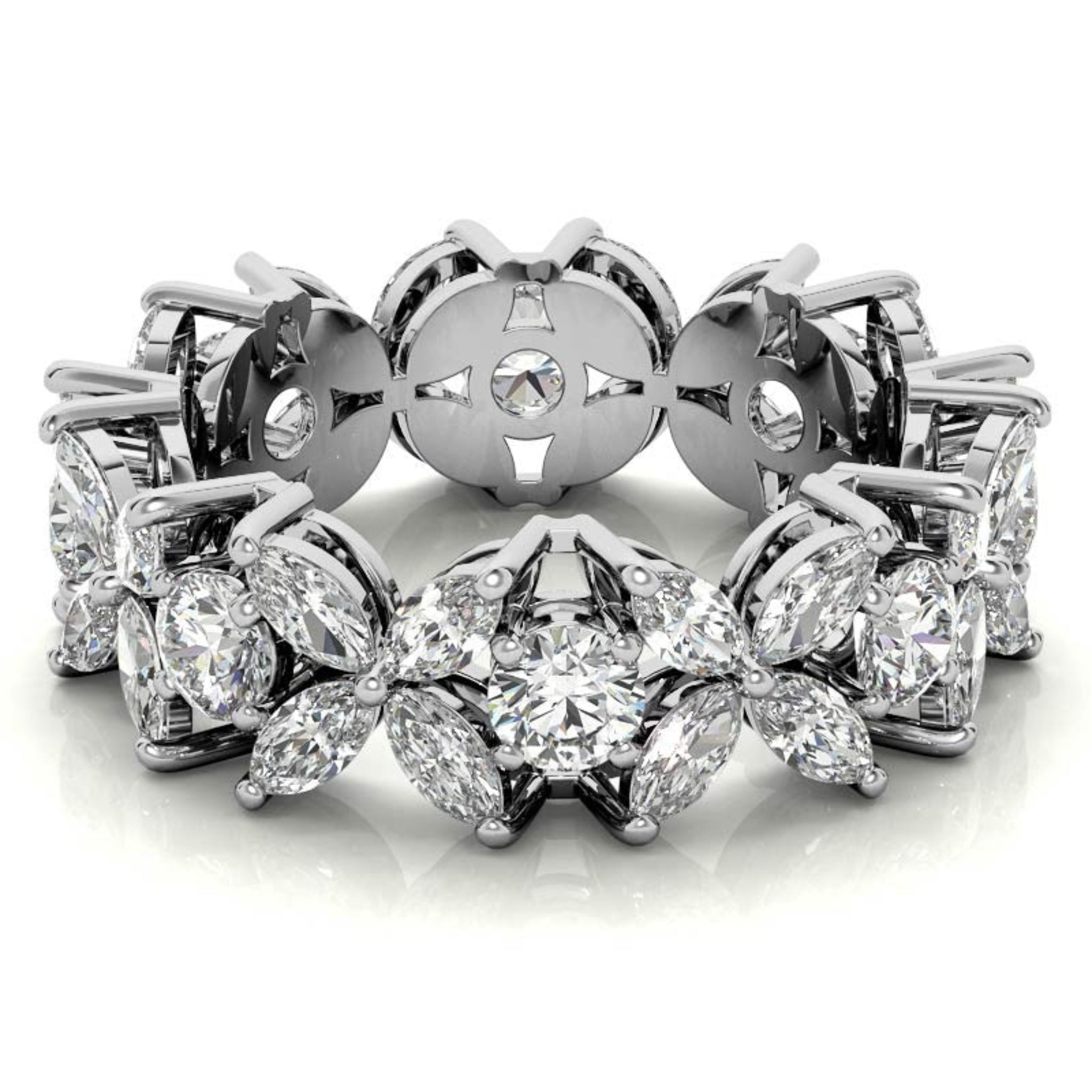 Graceful Sterling Silver White Gold Marquise and Round-Cut Diamond Floral Eternity Band For Women