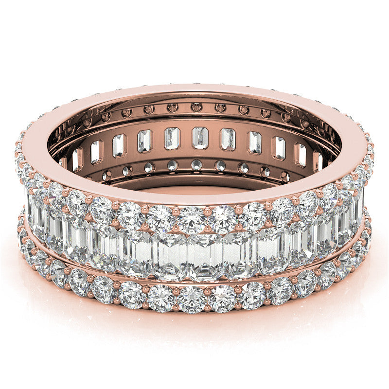 Three Tier Round and Emerald Cut Diamond Rose Gold Sparkling Sterling Silver Luxury Eternity Band For Women