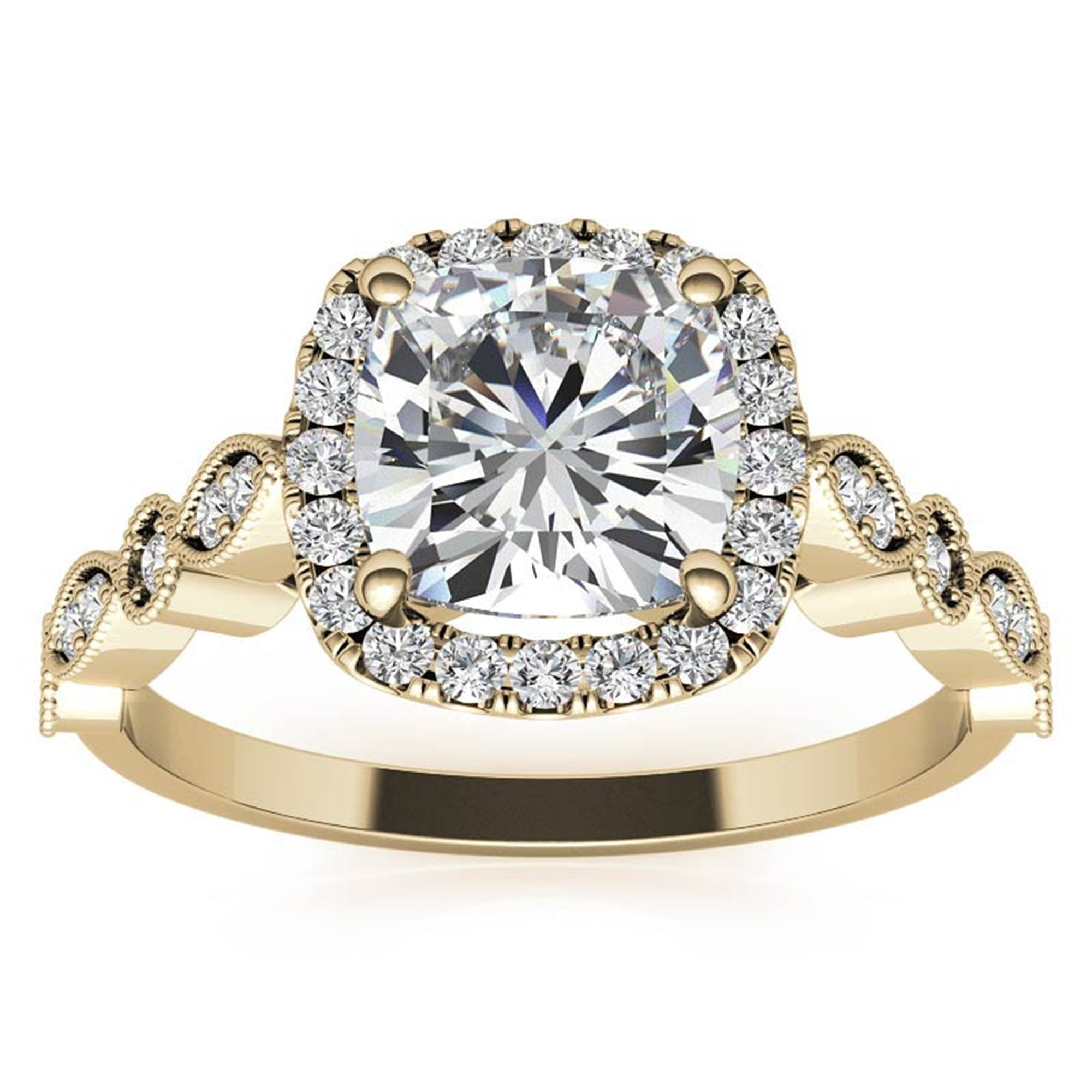 Adjustable Sterling Silver Lustrous Yellow Gold Cushion-Cut vintage-inspired Halo Ring For Women