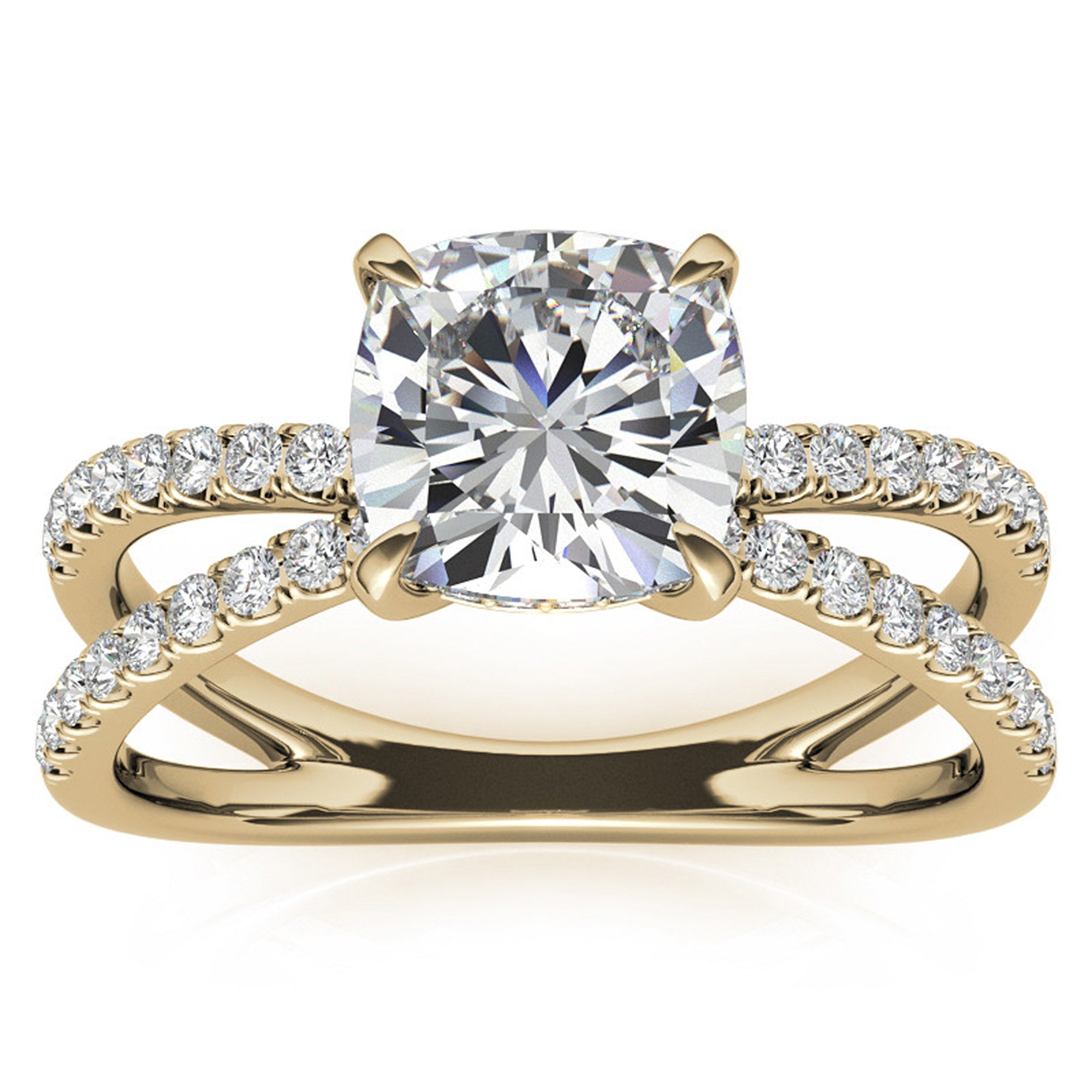 Adjustable Luxurious Sterling Silver Yellow Gold Cushion-Cut Split Shank Engagement Ring For Women