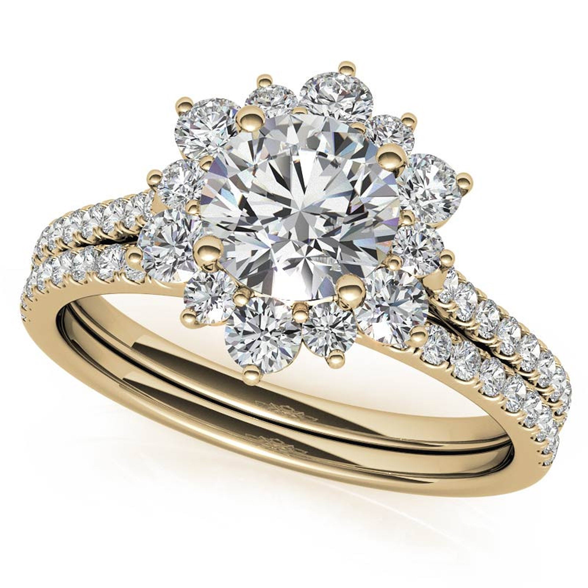 Yellow Gold Floral Halo Stackable Ring Set