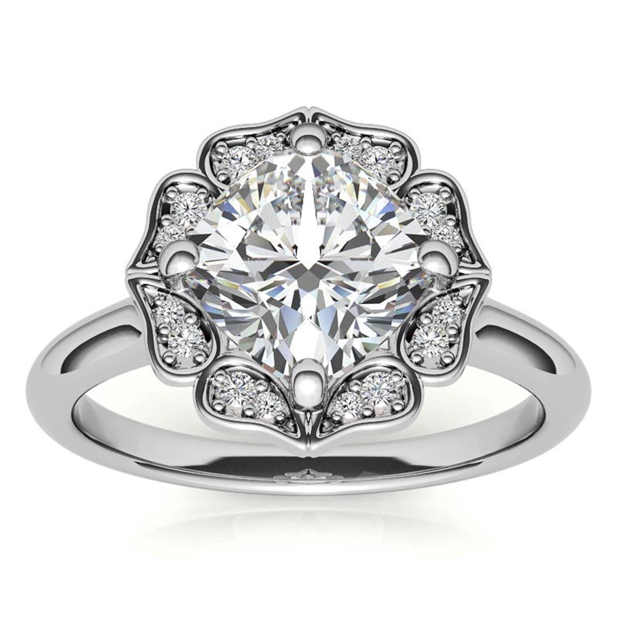 Adjustable Sterling Silver Elegant White Gold Floral Halo Diamond Engagement Ring For Women