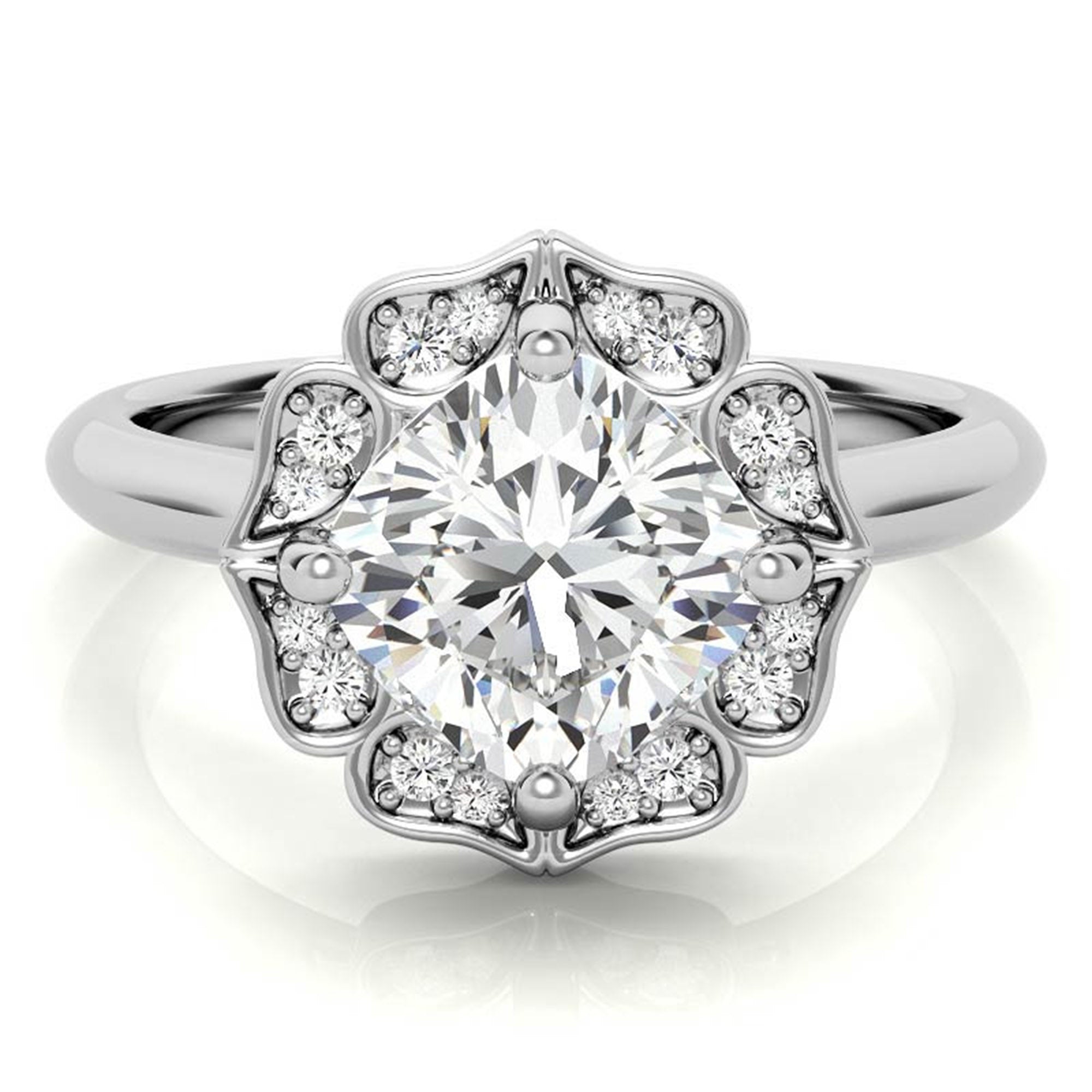 Adjustable Sterling Silver Elegant White Gold Floral Halo Diamond Engagement Ring For Women