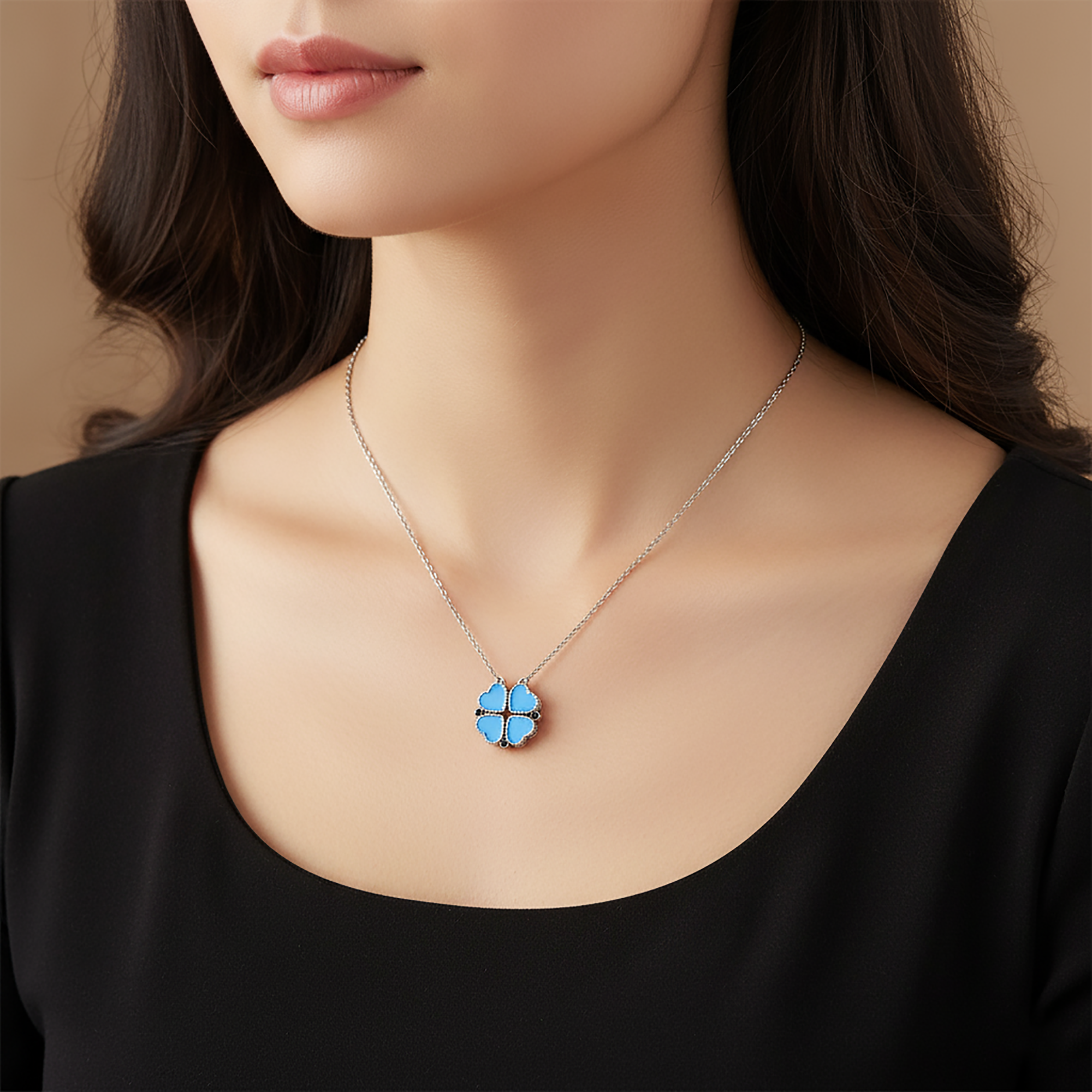 Blue Enamel Heart Clover Pendant