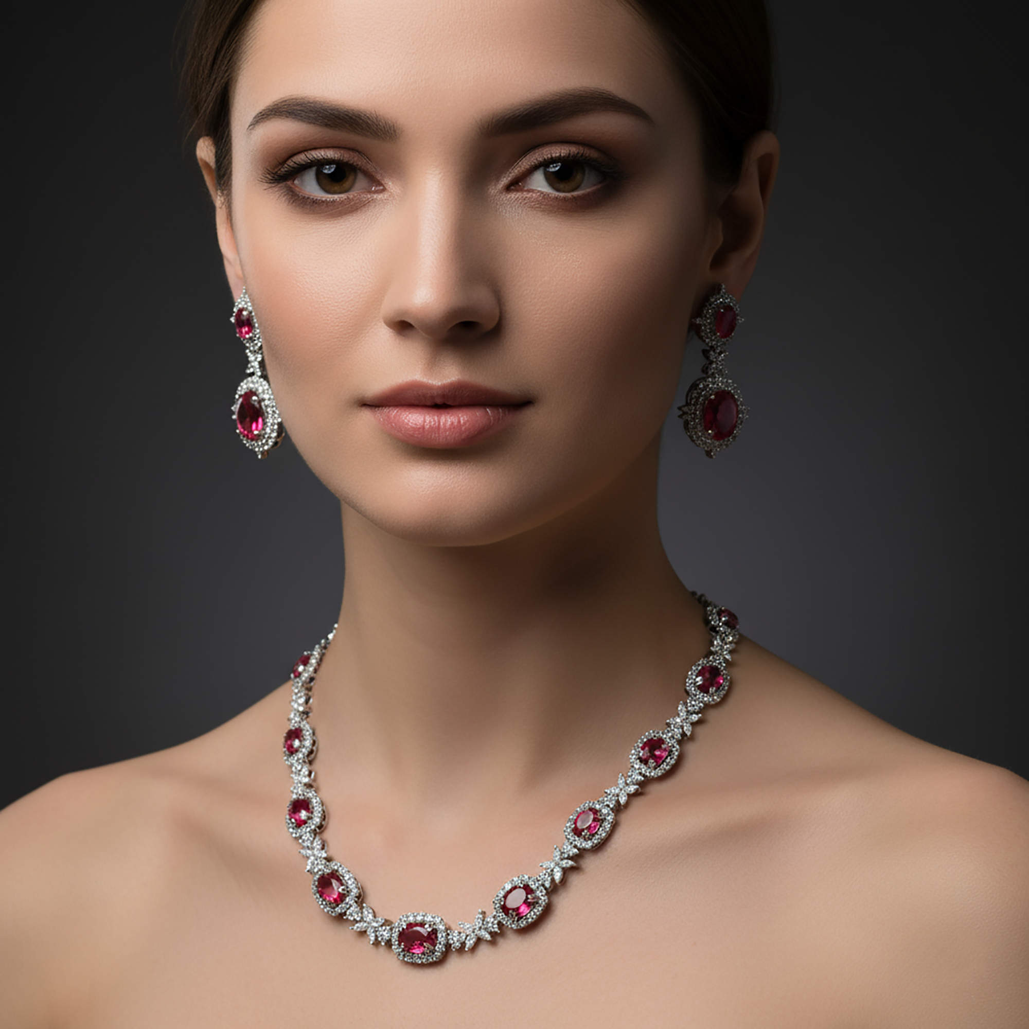 White Gold Plated Ruby Necklace Set