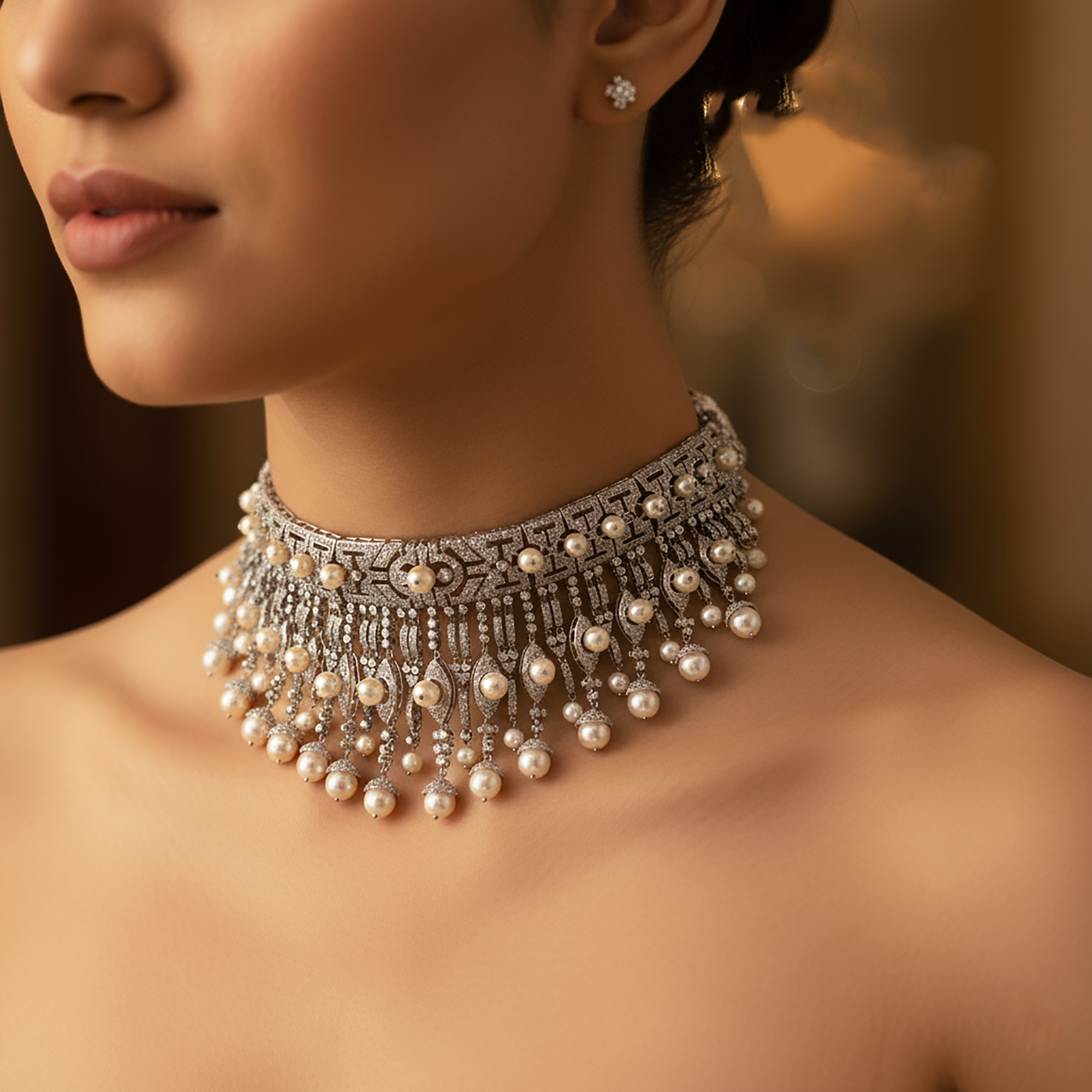 Pearl Choker with American Diamonds