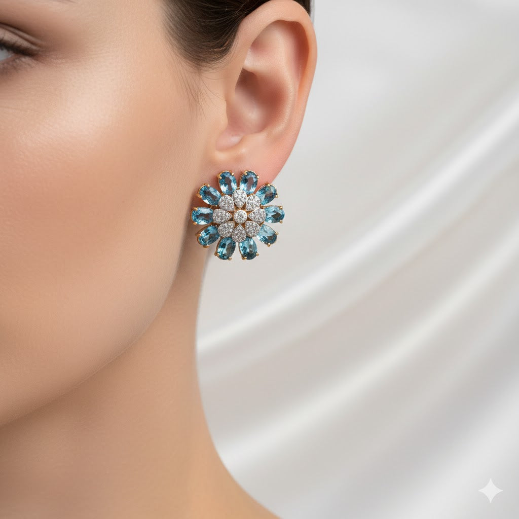 Floral Blue Topaz Stud Earrings