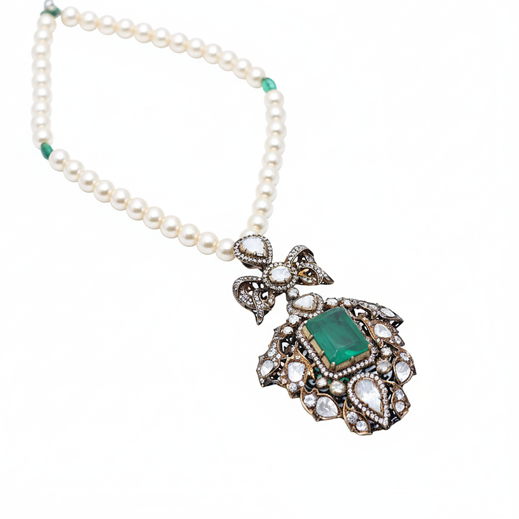 Antique Gold Plated Emerald Polki Necklace