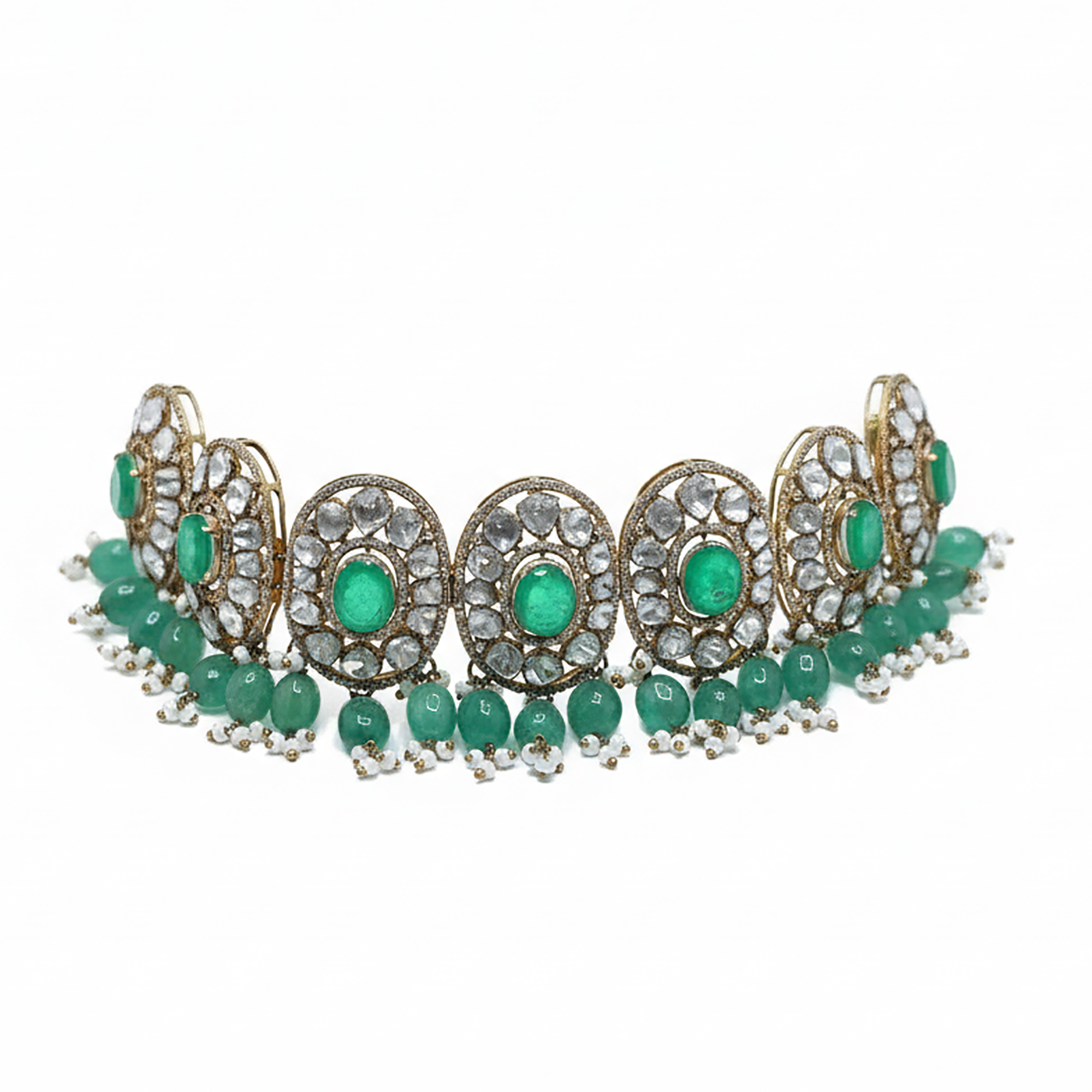 Emerald Choker Necklace with Polki Stone
